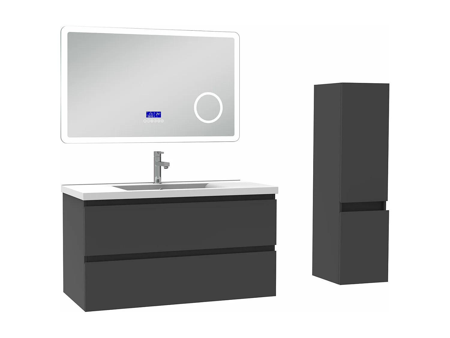 AICA Ensemble meuble Salle de Bain Anthracite 100cm avec colonne, simple vasque et Led miroir dimmable avec 3 couleurs, Bluetooth et 3X grossissement.