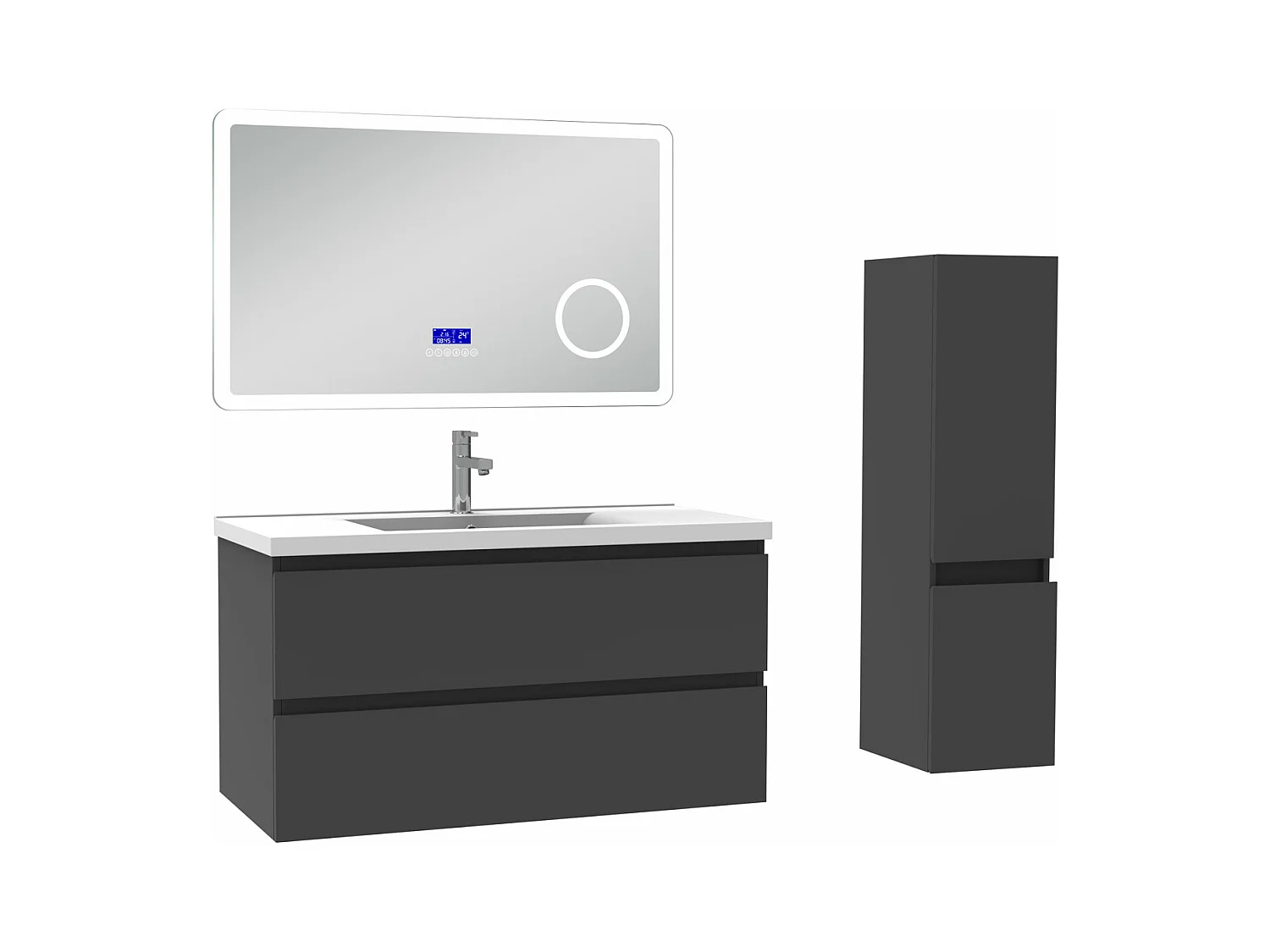 AICA Ensemble meuble Salle de Bain Anthracite 100cm avec colonne, simple vasque et Led miroir dimmable avec 3 couleurs, Bluetooth et 3X grossissement.