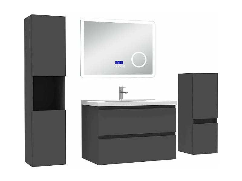 AICA Ensemble meuble Salle de Bain Anthracite 80cm avec 2 colonnes, simple vasque et Led miroir dimmable avec 3 couleurs, Bluetooth et 3X grossissement.