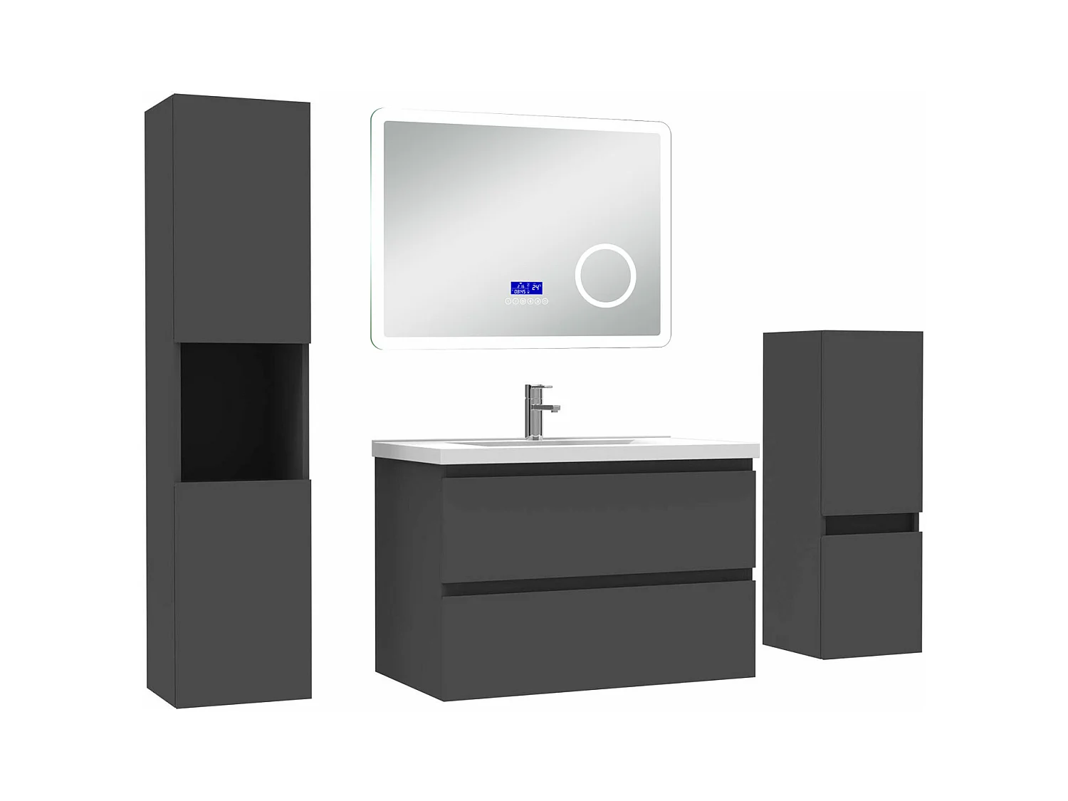AICA Ensemble meuble Salle de Bain Anthracite 80cm avec 2 colonnes, simple vasque et Led miroir dimmable avec 3 couleurs, Bluetooth et 3X grossissement.