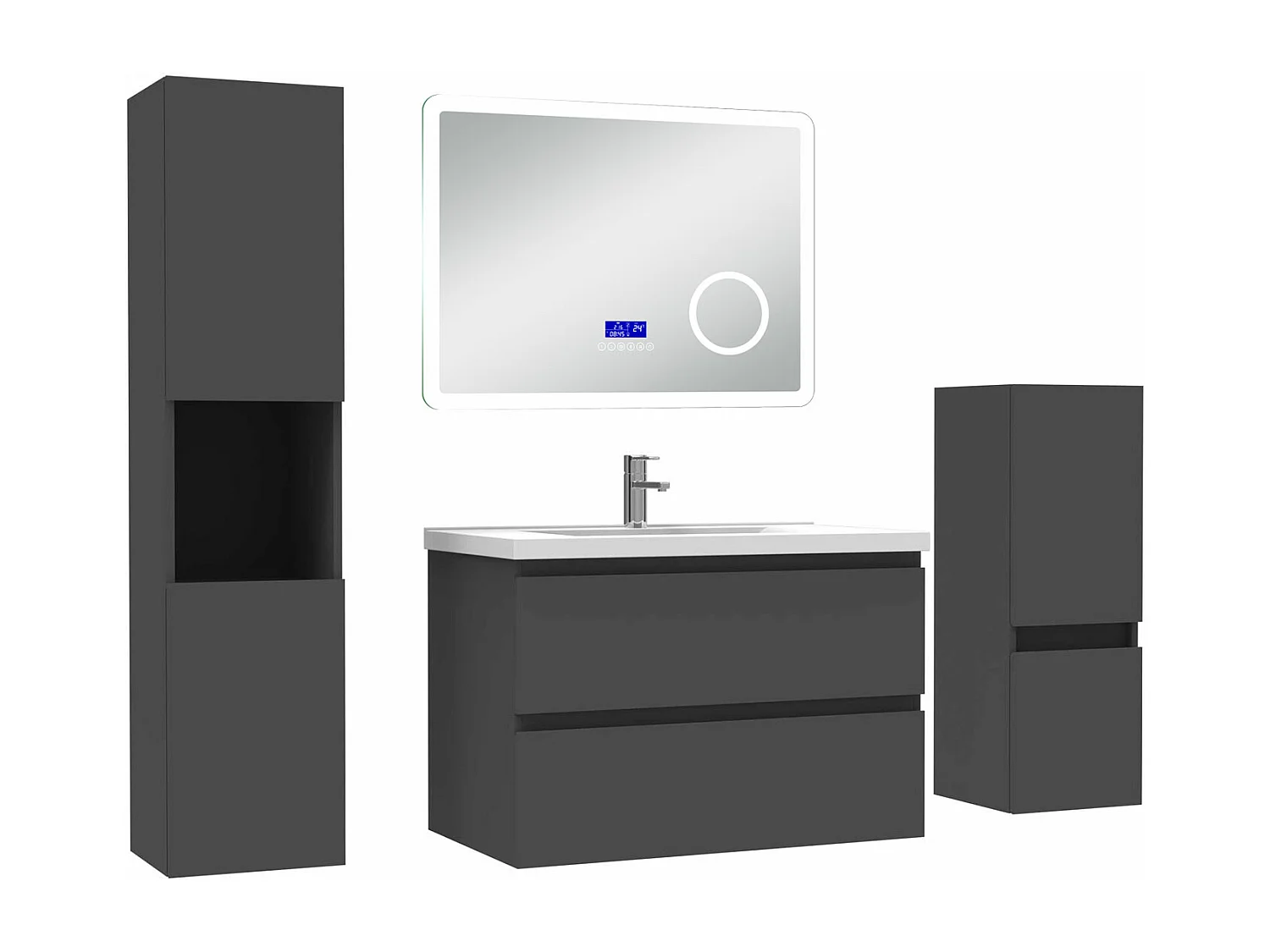 AICA Ensemble meuble Salle de Bain Anthracite 80cm avec 2 colonnes, simple vasque et Led miroir dimmable avec 3 couleurs, Bluetooth et 3X grossissement.