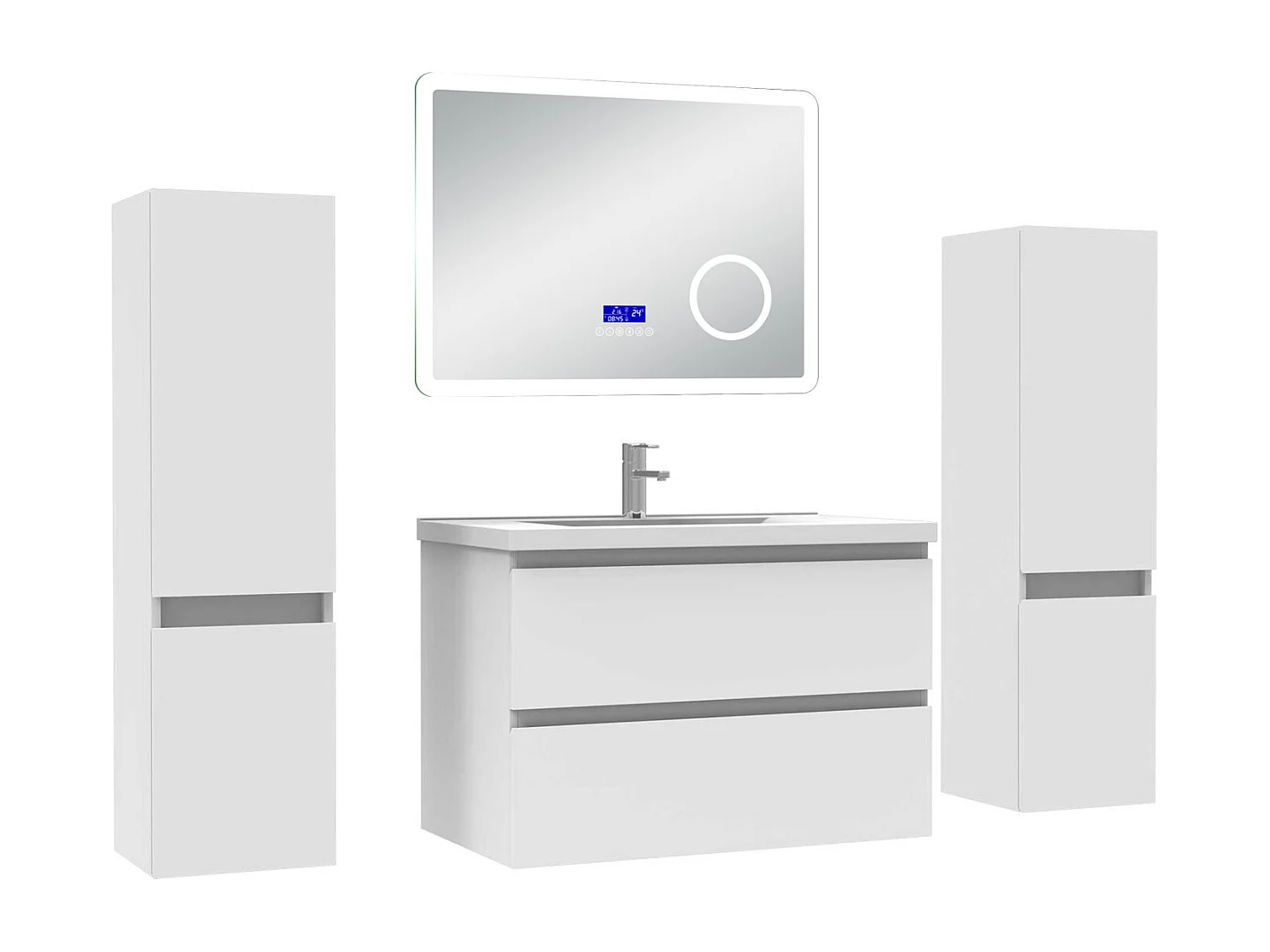 AICA Ensemble meuble Salle de Bain 80cm blanc avec 2 colonnes, simple vasque et Led miroir dimmable avec 3 couleurs, Bluetooth et 3X grossissement.