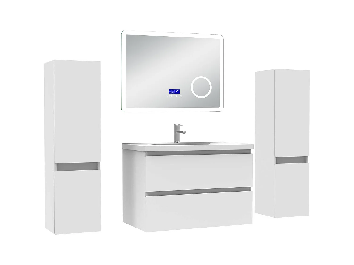 AICA Ensemble meuble Salle de Bain 80cm blanc avec 2 colonnes, simple vasque et Led miroir dimmable avec 3 couleurs, Bluetooth et 3X grossissement.