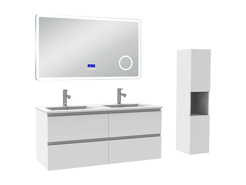 AICA Ensemble meuble Salle de Bain 120cm blanc avec colonne, simple vasque et Led miroir dimmable avec 3 couleurs, Bluetooth et 3X grossissement.