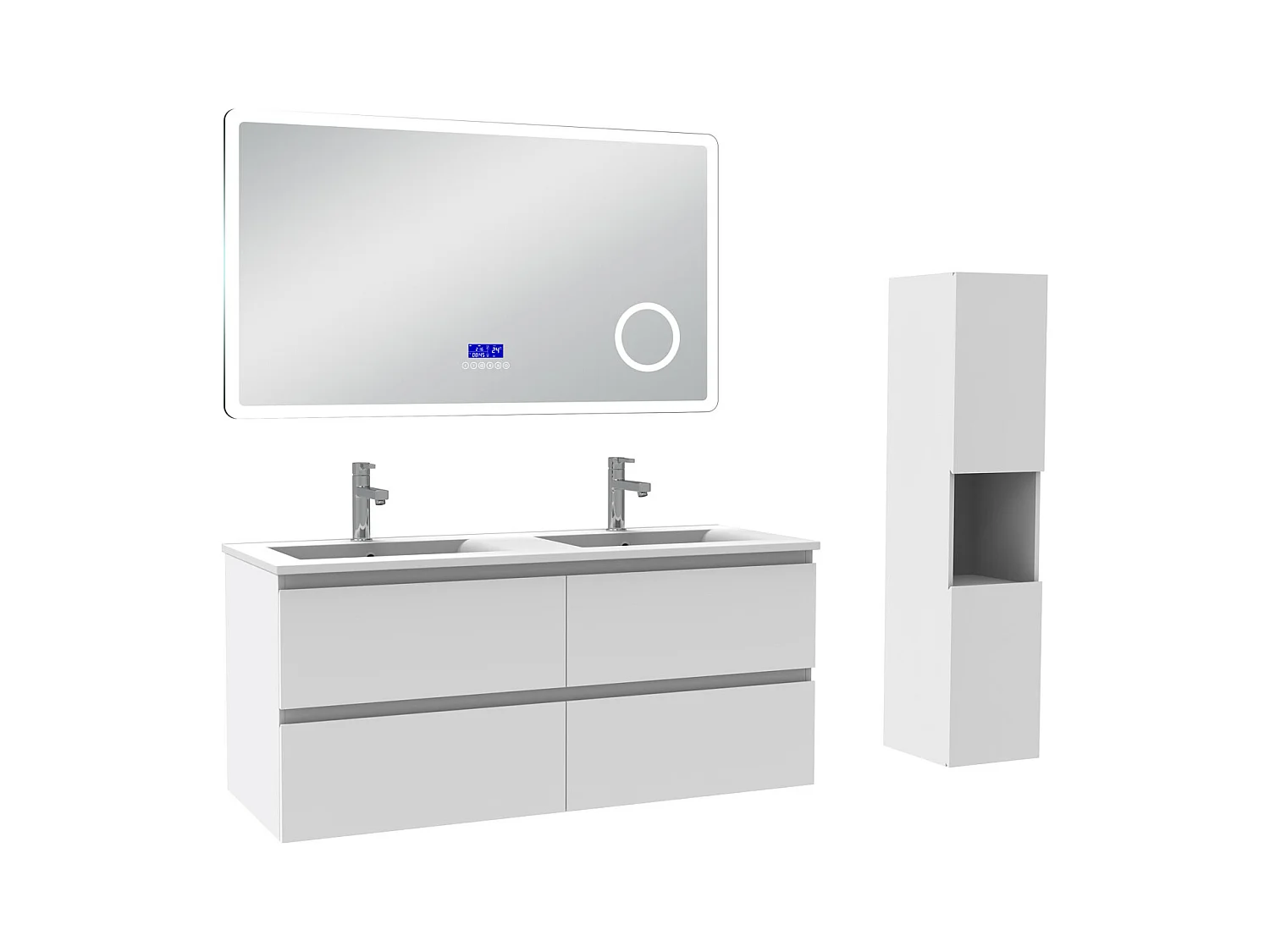 AICA Ensemble meuble Salle de Bain 120cm blanc avec colonne, simple vasque et Led miroir dimmable avec 3 couleurs, Bluetooth et 3X grossissement.