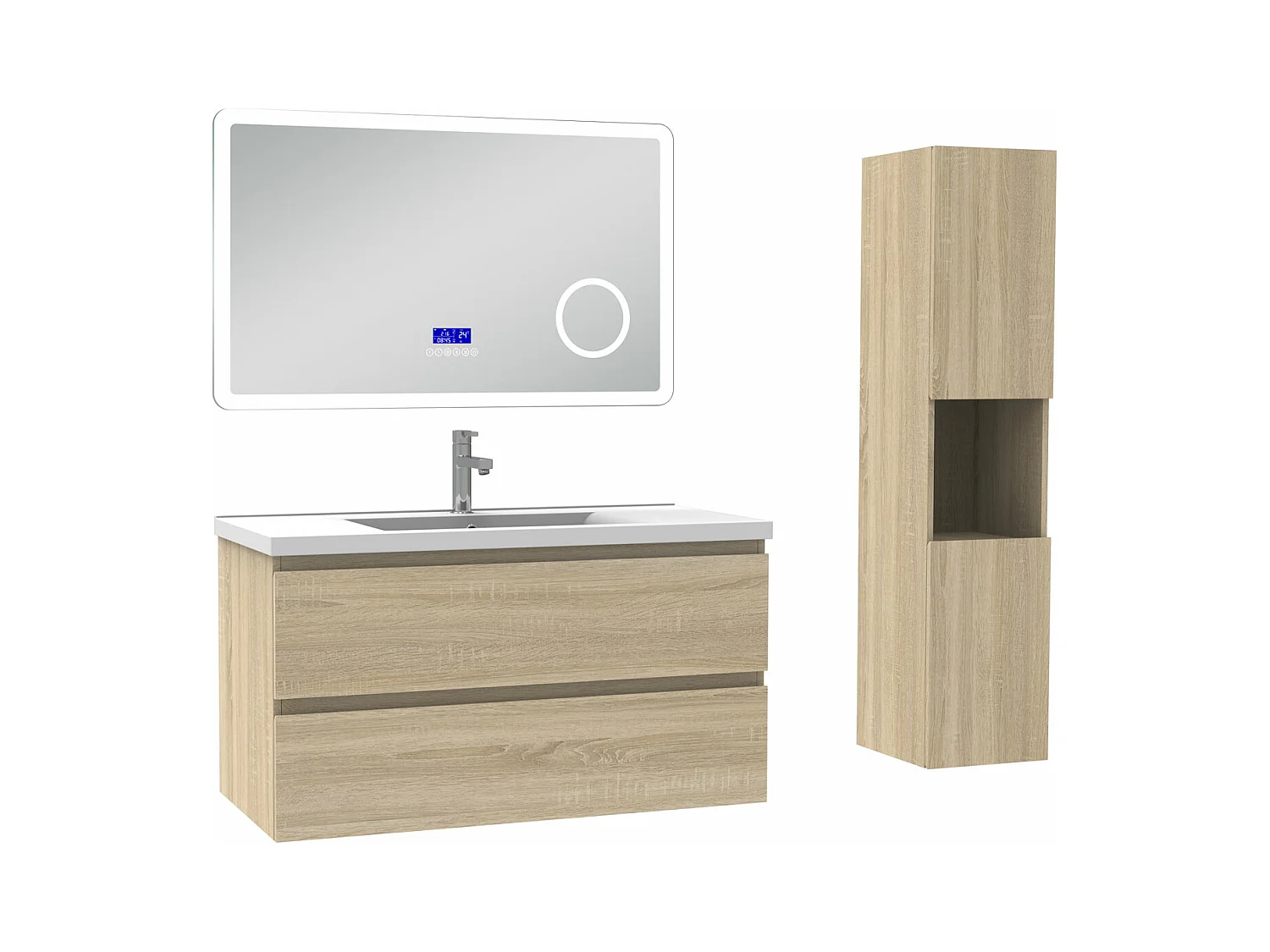 AICA Ensemble meuble Salle de Bain Chêne Wotan 100cm avec colonne, simple vasque et Led miroir dimmable avec 3 couleurs, Bluetooth et 3X grossissement.