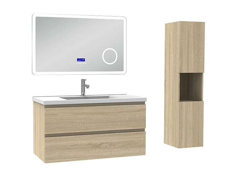 AICA Ensemble meuble Salle de Bain Chêne Wotan 100cm avec colonne, simple vasque et Led miroir dimmable avec 3 couleurs, Bluetooth et 3X grossissement.