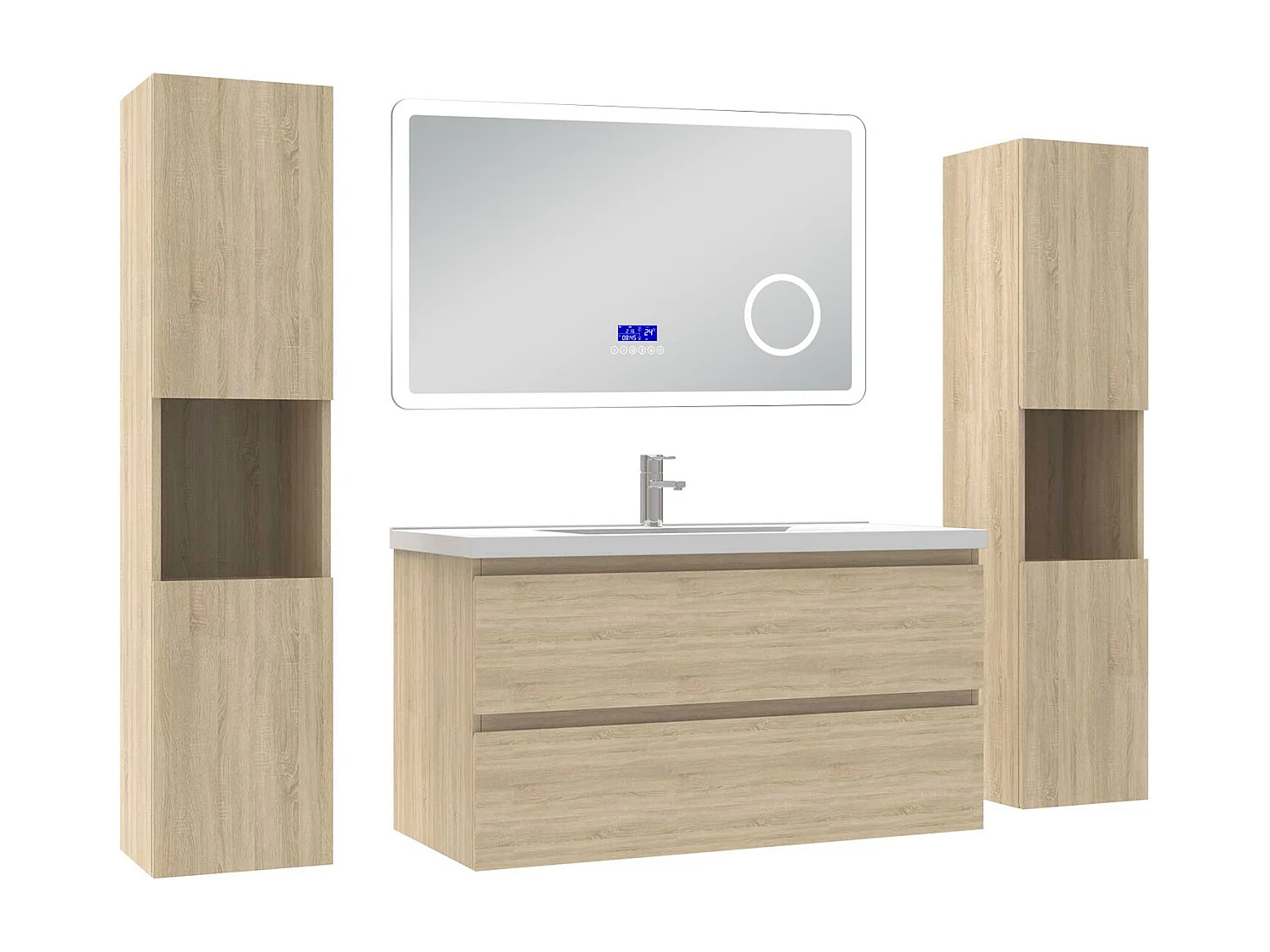 AICA Ensemble meuble Salle de Bain Chêne Wotan 100cm avec 2 colonnes, simple vasque et Led miroir dimmable avec 3 couleurs, Bluetooth et 3X grossissement.