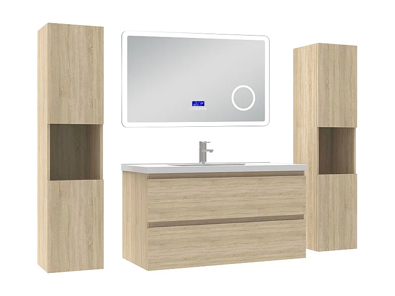 AICA Ensemble meuble Salle de Bain Chêne Wotan 100cm avec 2 colonnes, simple vasque et Led miroir dimmable avec 3 couleurs, Bluetooth et 3X grossissement.
