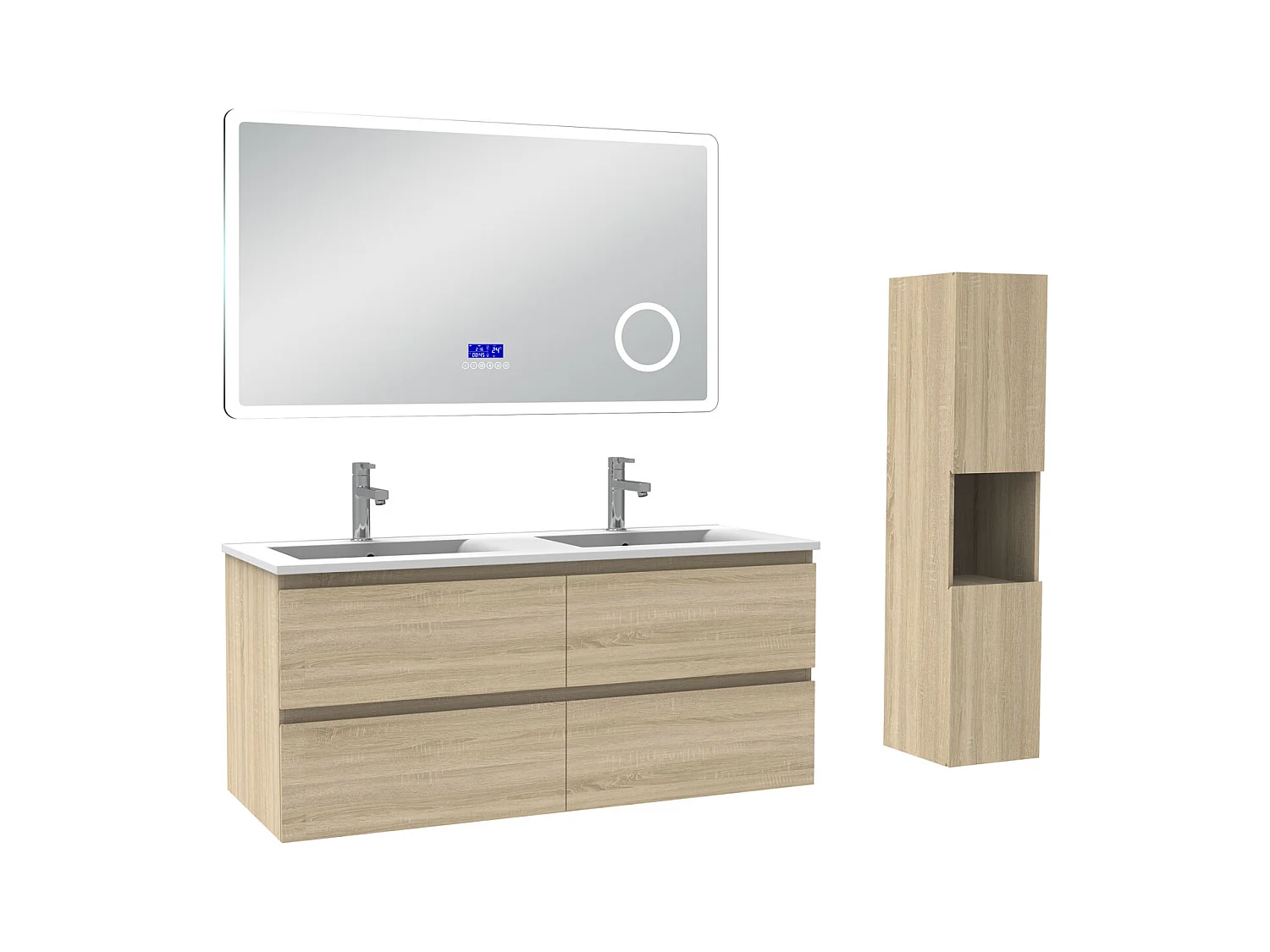 AICA Ensemble meuble Salle de Bain Chêne Wotan 120cm avec colonne, simple vasque et Led miroir dimmable avec 3 couleurs, Bluetooth et 3X grossissement.
