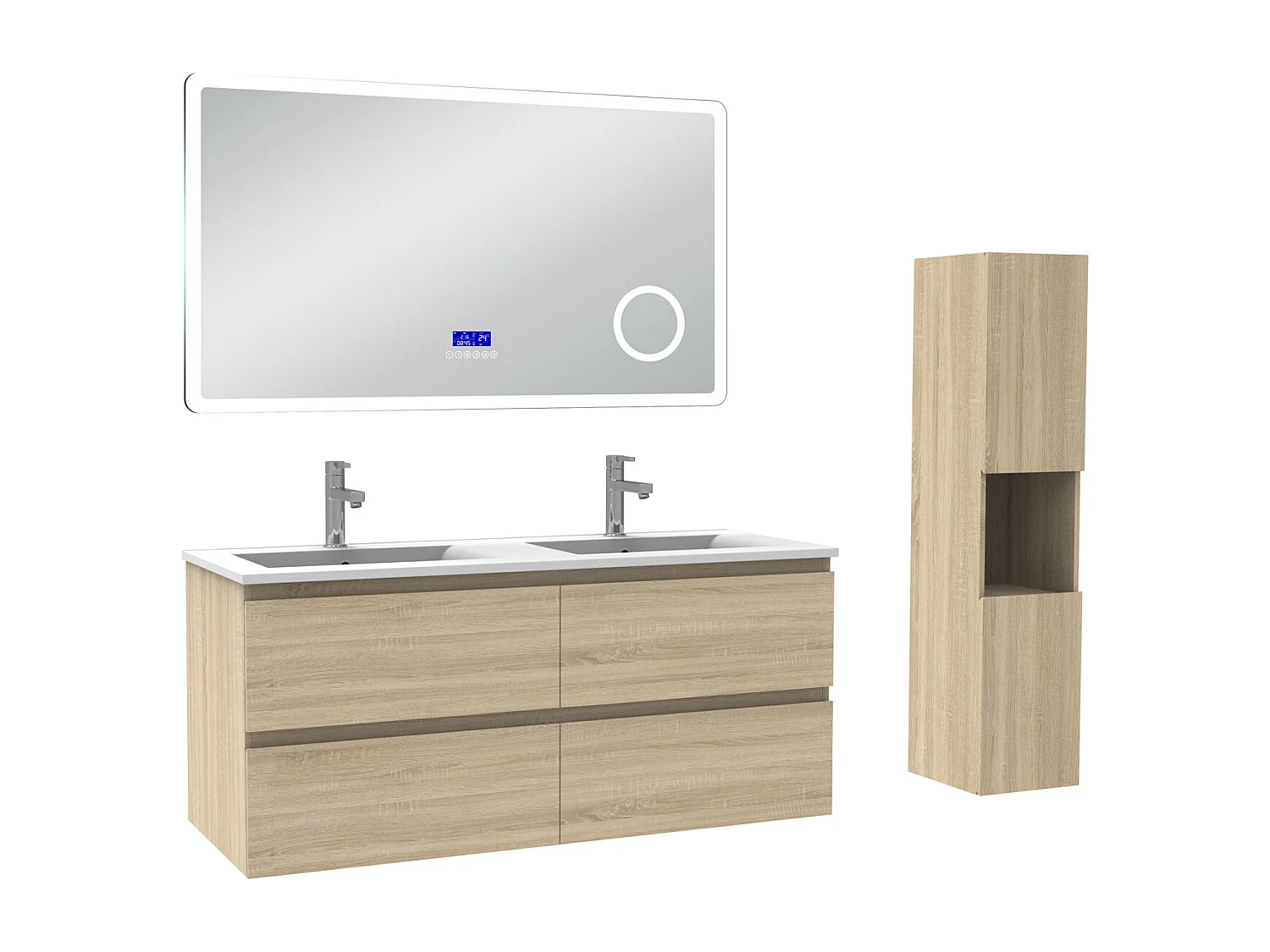 AICA Ensemble meuble Salle de Bain Chêne Wotan 120cm avec colonne, simple vasque et Led miroir dimmable avec 3 couleurs, Bluetooth et 3X grossissement.