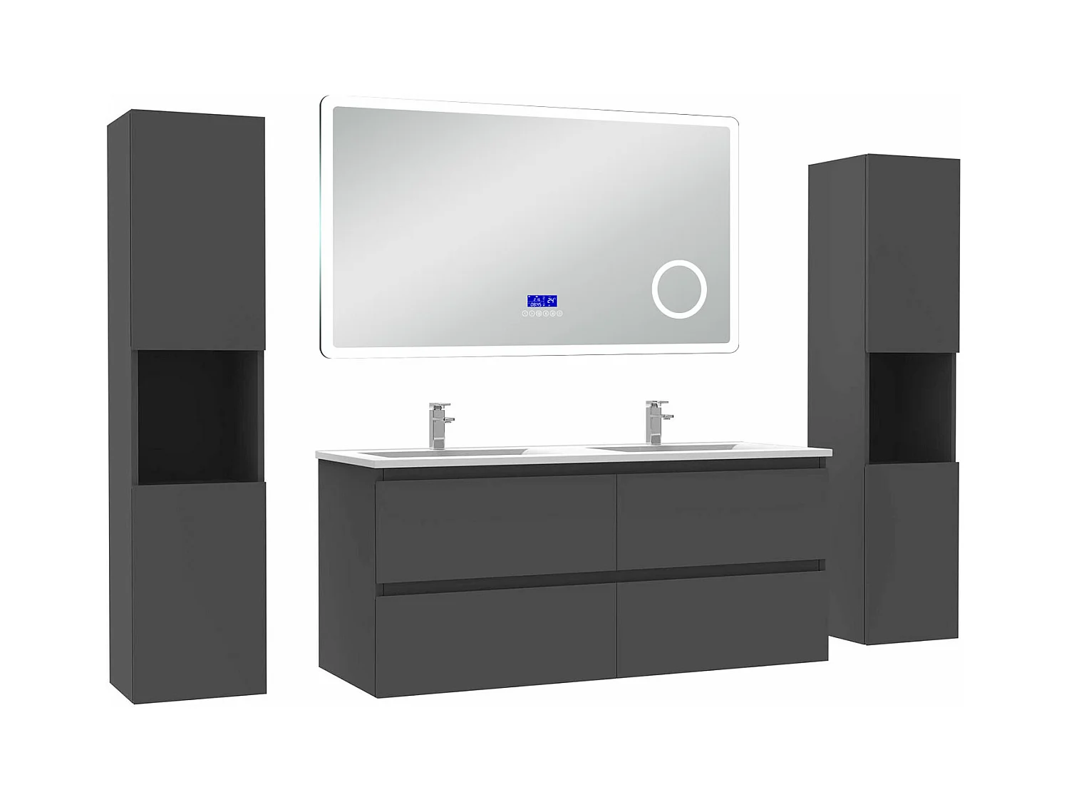 AICA Ensemble meuble Salle de Bain Anthracite 120cm avec 2 colonnes, simple vasque et Led miroir dimmable avec 3 couleurs, Bluetooth et 3X grossissement.