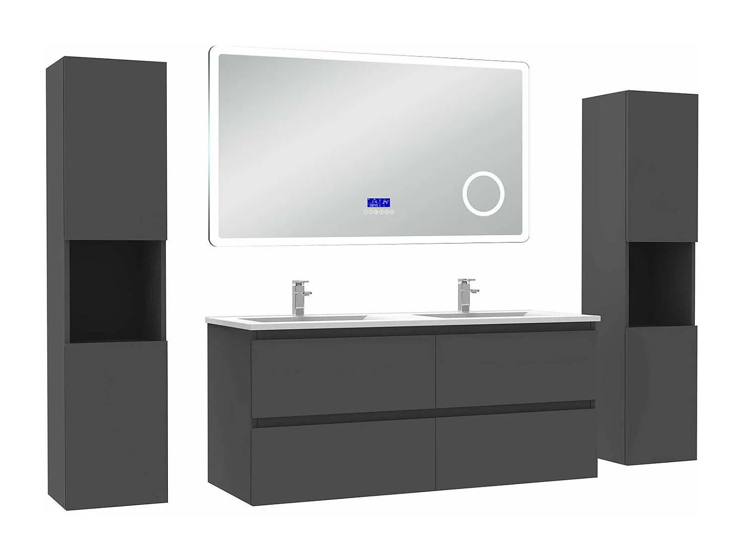 AICA Ensemble meuble Salle de Bain Anthracite 120cm avec 2 colonnes, simple vasque et Led miroir dimmable avec 3 couleurs, Bluetooth et 3X grossissement.