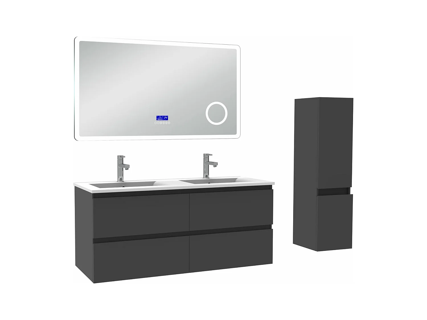 AICA Ensemble meuble Salle de Bain Anthracite 120cm avec colonne, simple vasque et Led miroir dimmable avec 3 couleurs, Bluetooth et 3X grossissement.