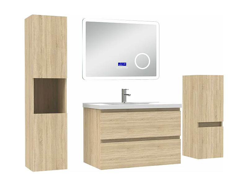 AICA Ensemble meuble Salle de Bain Chêne Wotan 80cm avec 2 colonnes, simple vasque et Led miroir dimmable avec 3 couleurs, Bluetooth et 3X grossissement.