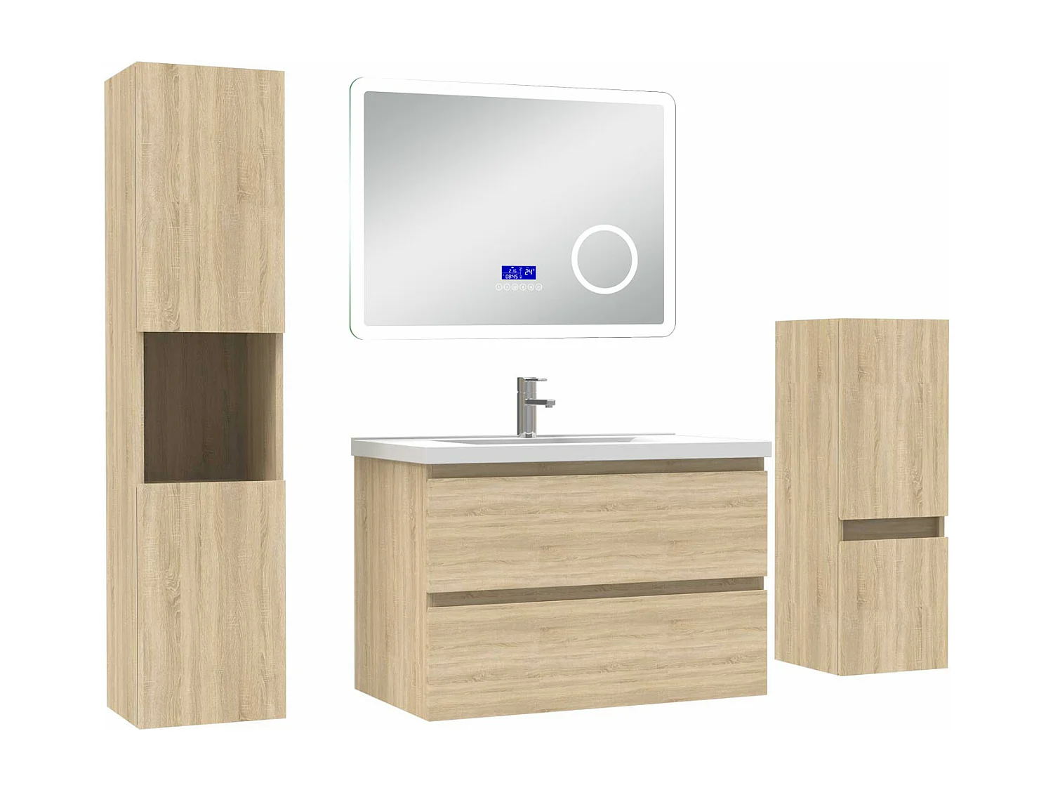 AICA Ensemble meuble Salle de Bain Chêne Wotan 80cm avec 2 colonnes, simple vasque et Led miroir dimmable avec 3 couleurs, Bluetooth et 3X grossissement.