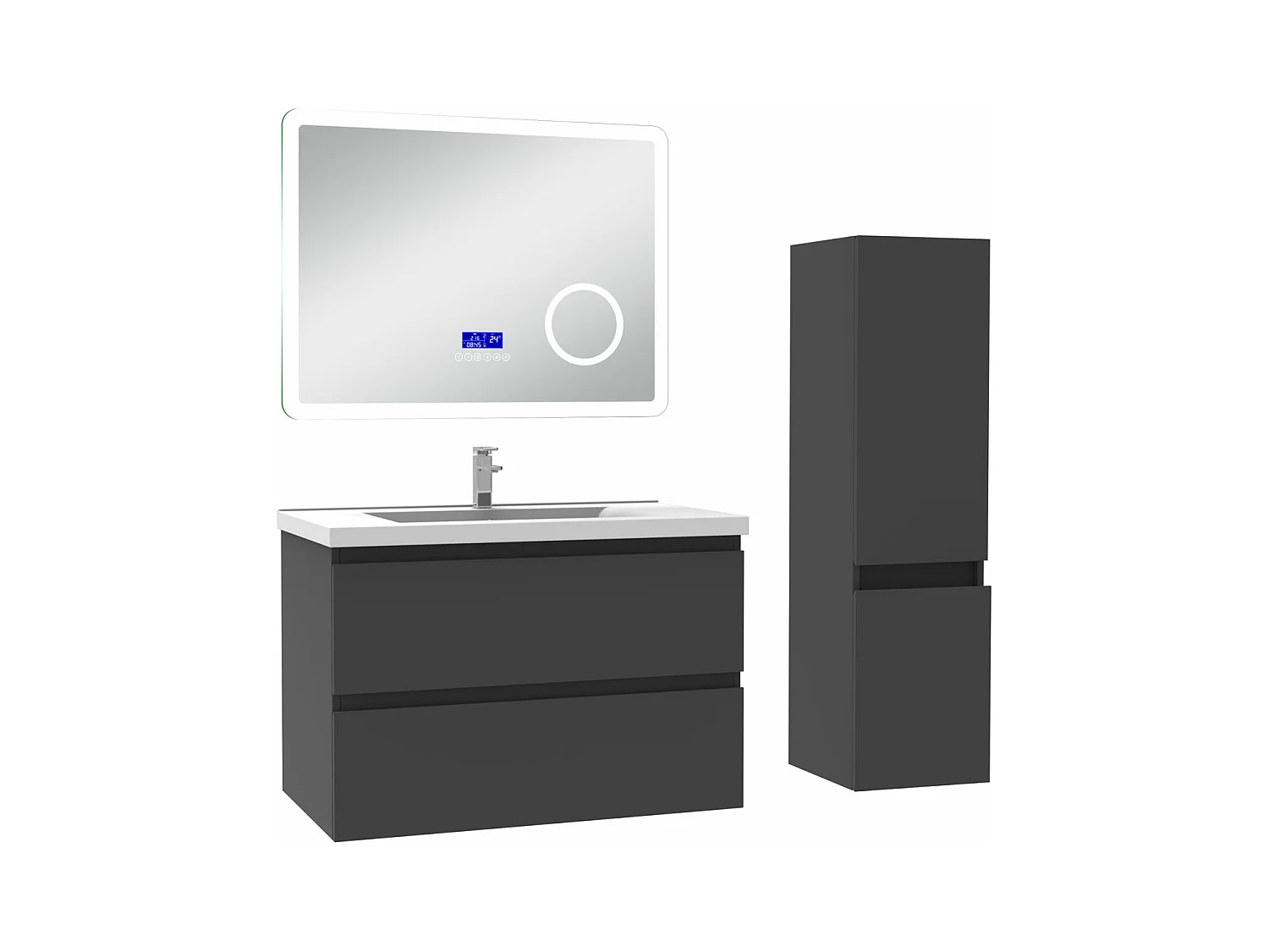 AICA Ensemble meuble Salle de Bain Anthracite 80cm avec colonne, simple vasque et Led miroir dimmable avec 3 couleurs, Bluetooth et 3X grossissement.