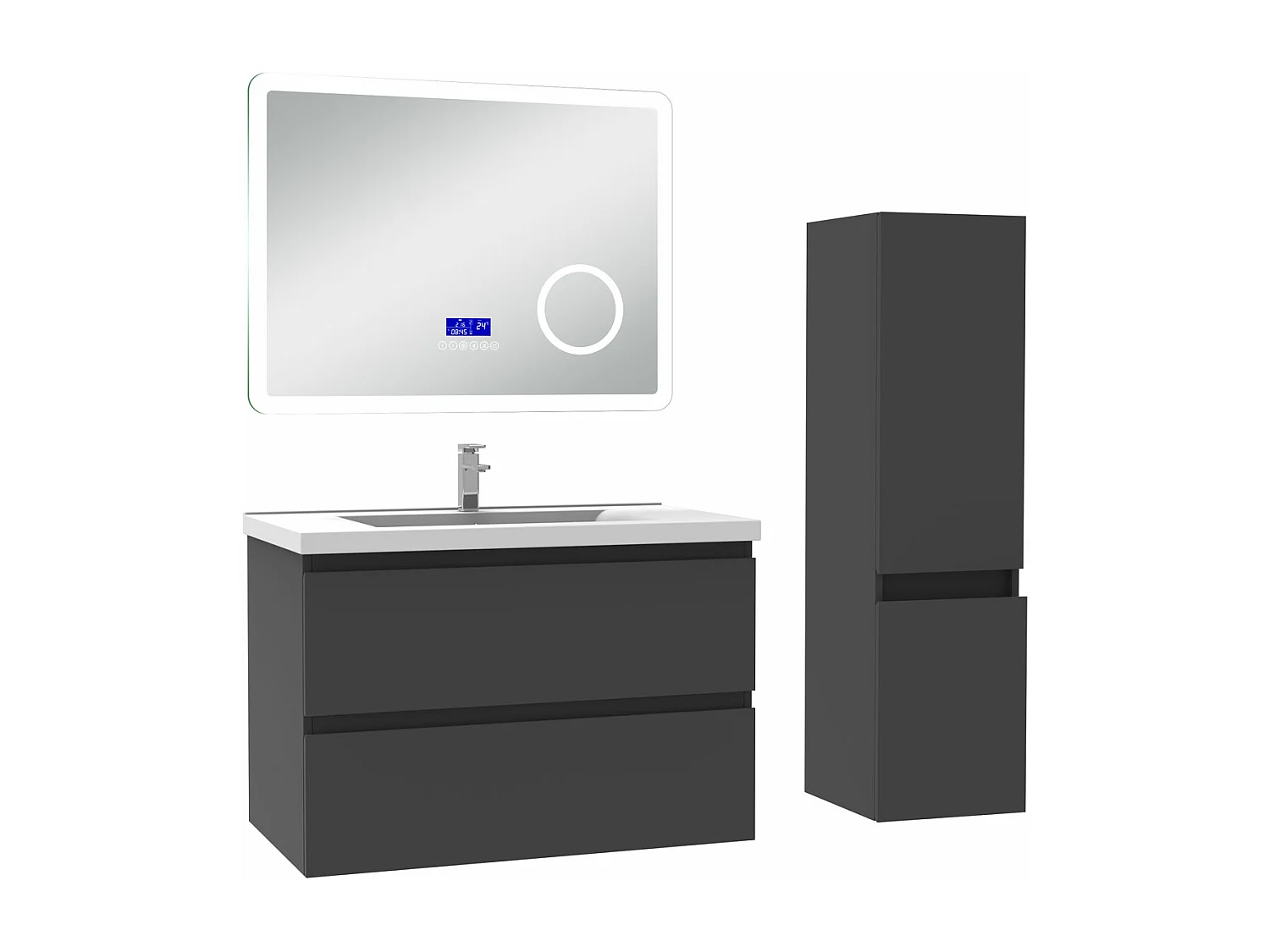 AICA Ensemble meuble Salle de Bain Anthracite 80cm avec colonne, simple vasque et Led miroir dimmable avec 3 couleurs, Bluetooth et 3X grossissement.