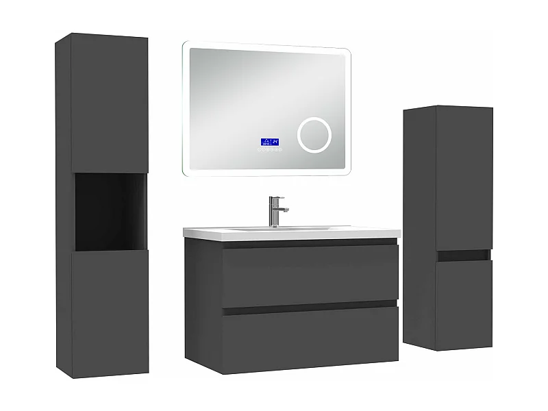 AICA Ensemble meuble Salle de Bain Anthracite 80cm avec 2 colonnes, simple vasque et Led miroir dimmable avec 3 couleurs, Bluetooth et 3X grossissement.