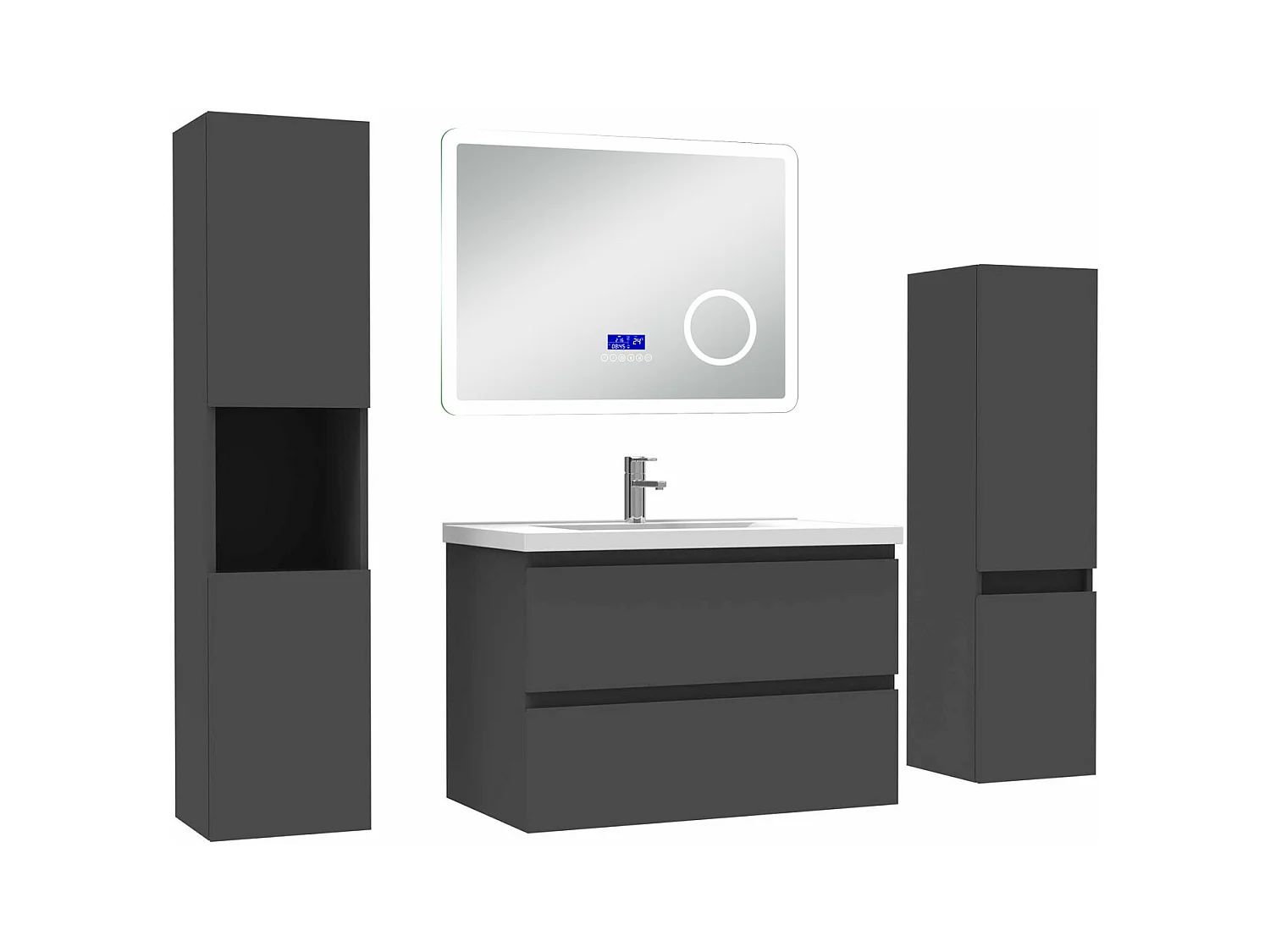 AICA Ensemble meuble Salle de Bain Anthracite 80cm avec 2 colonnes, simple vasque et Led miroir dimmable avec 3 couleurs, Bluetooth et 3X grossissement.