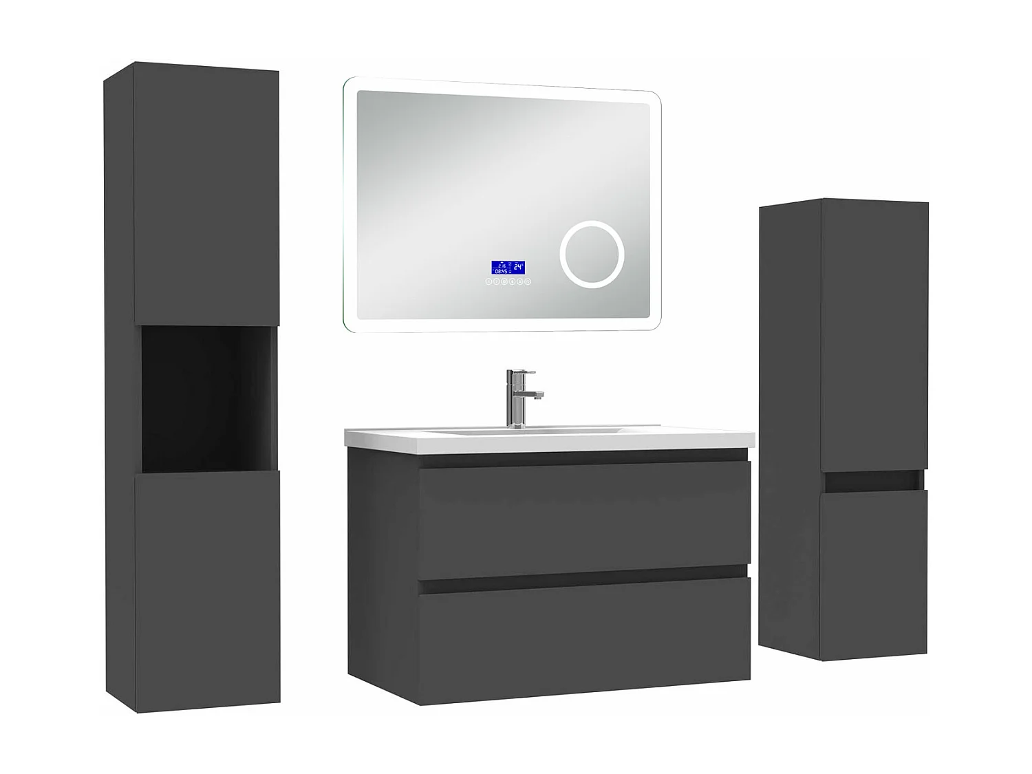 AICA Ensemble meuble Salle de Bain Anthracite 80cm avec 2 colonnes, simple vasque et Led miroir dimmable avec 3 couleurs, Bluetooth et 3X grossissement.