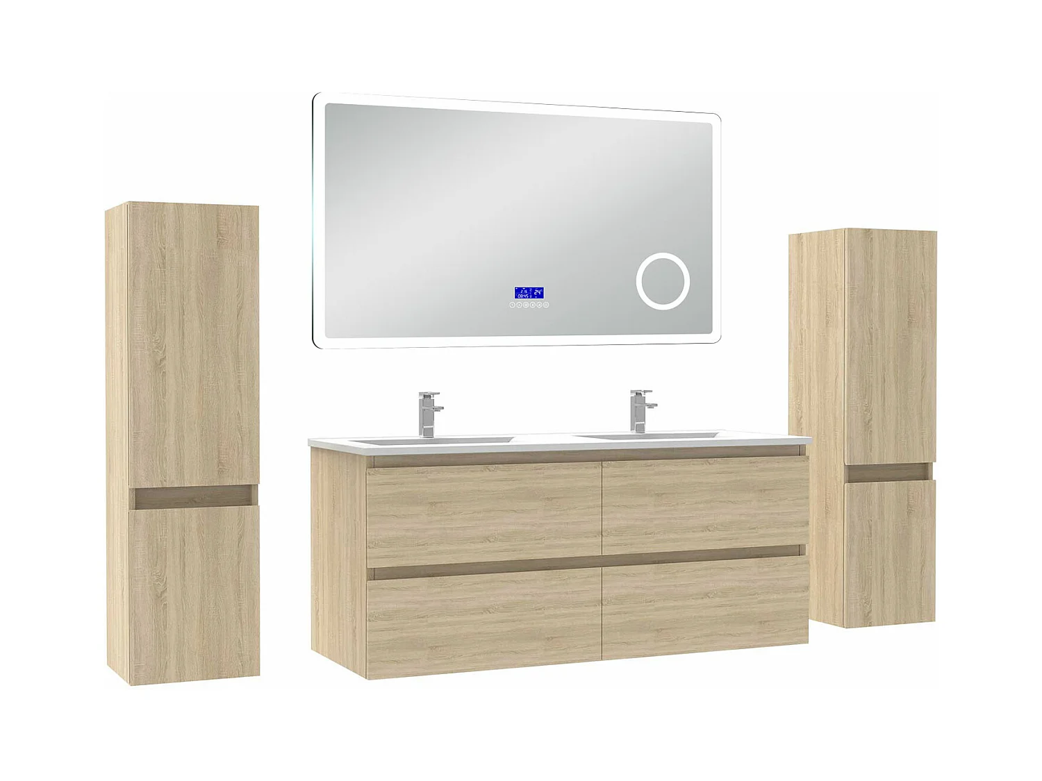 AICA Ensemble meuble Salle de Bain Chêne Wotan 120cm avec 2 colonnes, simple vasque et Led miroir dimmable avec 3 couleurs, Bluetooth et 3X grossissement.