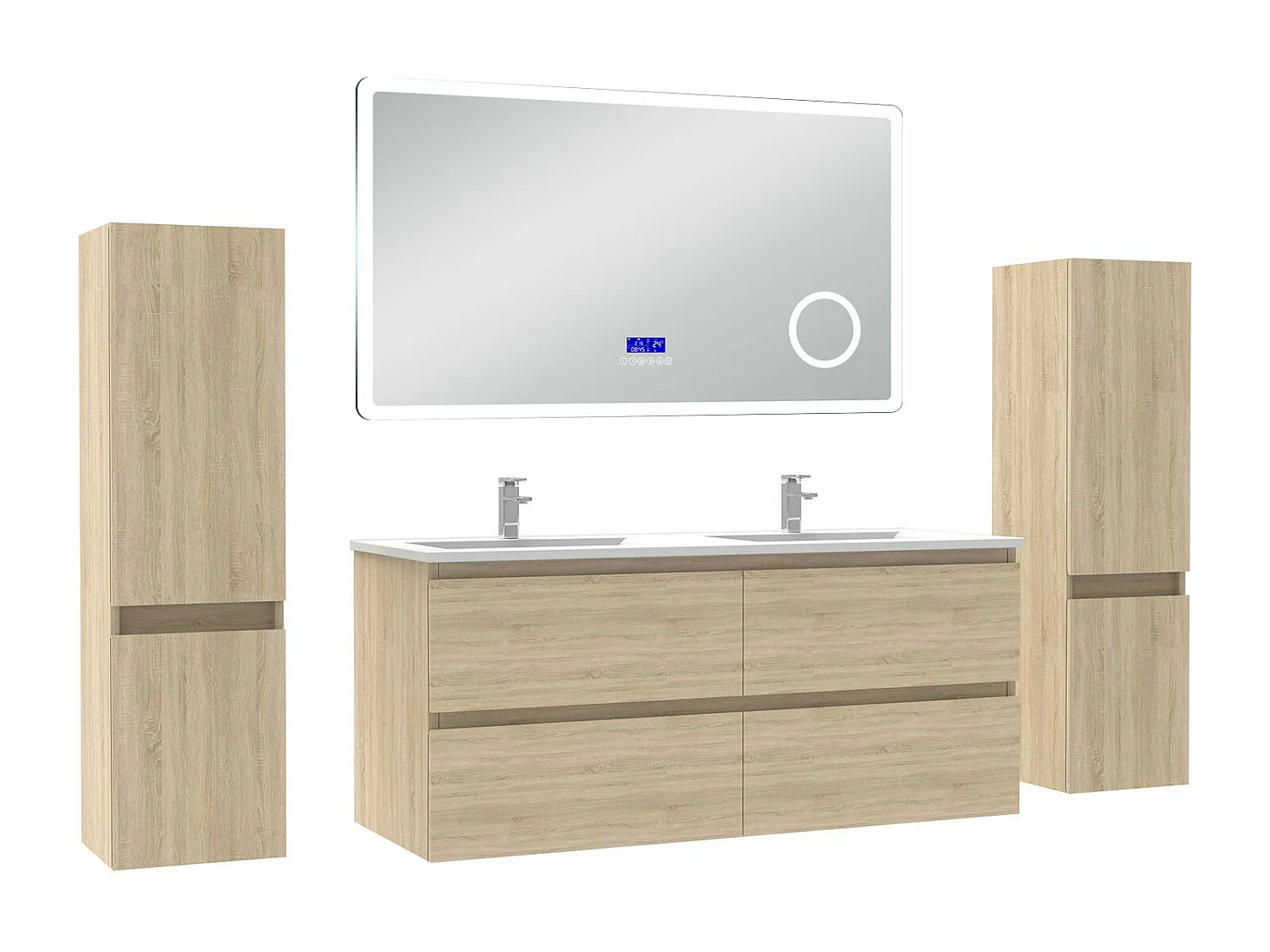 AICA Ensemble meuble Salle de Bain Chêne Wotan 120cm avec 2 colonnes, simple vasque et Led miroir dimmable avec 3 couleurs, Bluetooth et 3X grossissement.