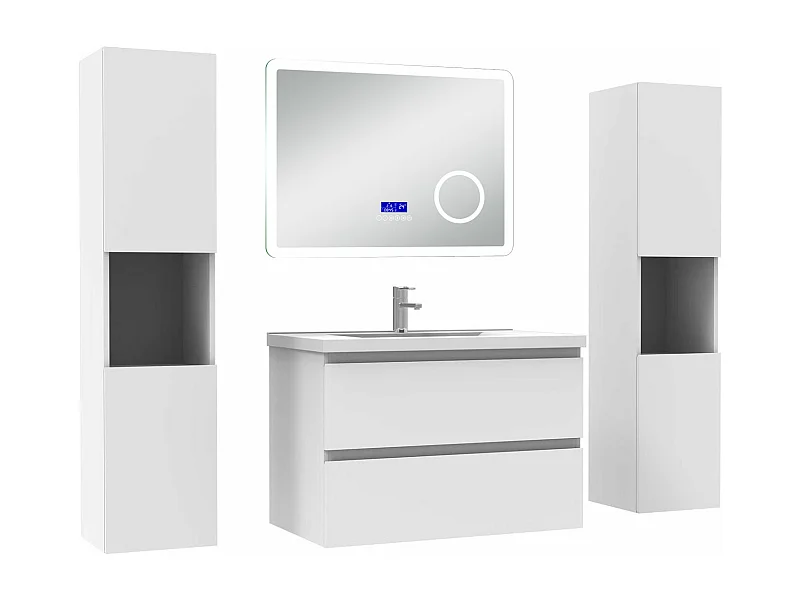 AICA Ensemble meuble Salle de Bain 80cm blanc avec 2 colonnes, simple vasque et Led miroir dimmable avec 3 couleurs, Bluetooth et 3X grossissement.
