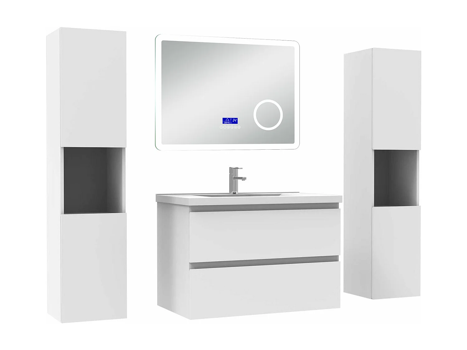 AICA Ensemble meuble Salle de Bain 80cm blanc avec 2 colonnes, simple vasque et Led miroir dimmable avec 3 couleurs, Bluetooth et 3X grossissement.