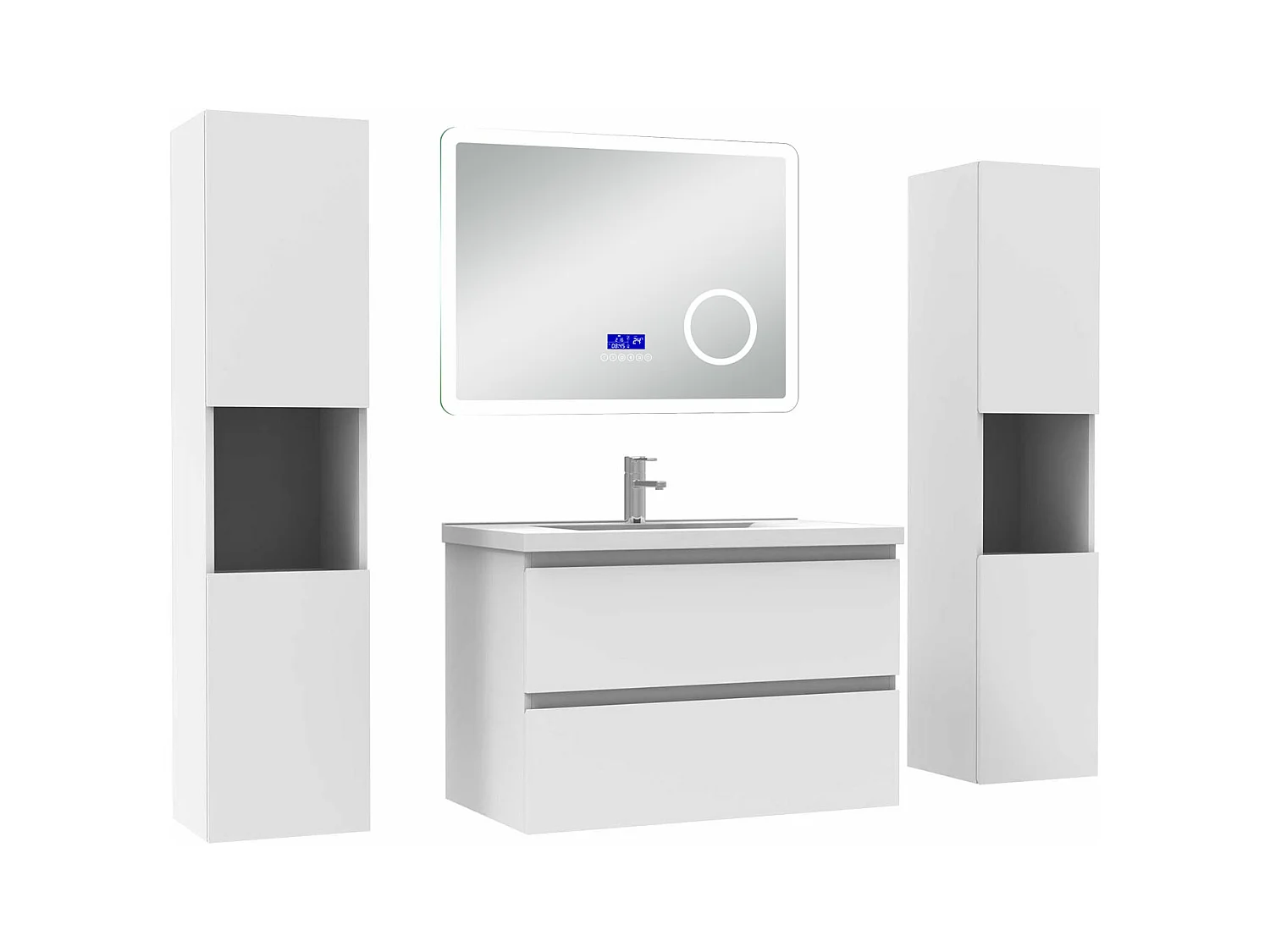 AICA Ensemble meuble Salle de Bain 80cm blanc avec 2 colonnes, simple vasque et Led miroir dimmable avec 3 couleurs, Bluetooth et 3X grossissement.