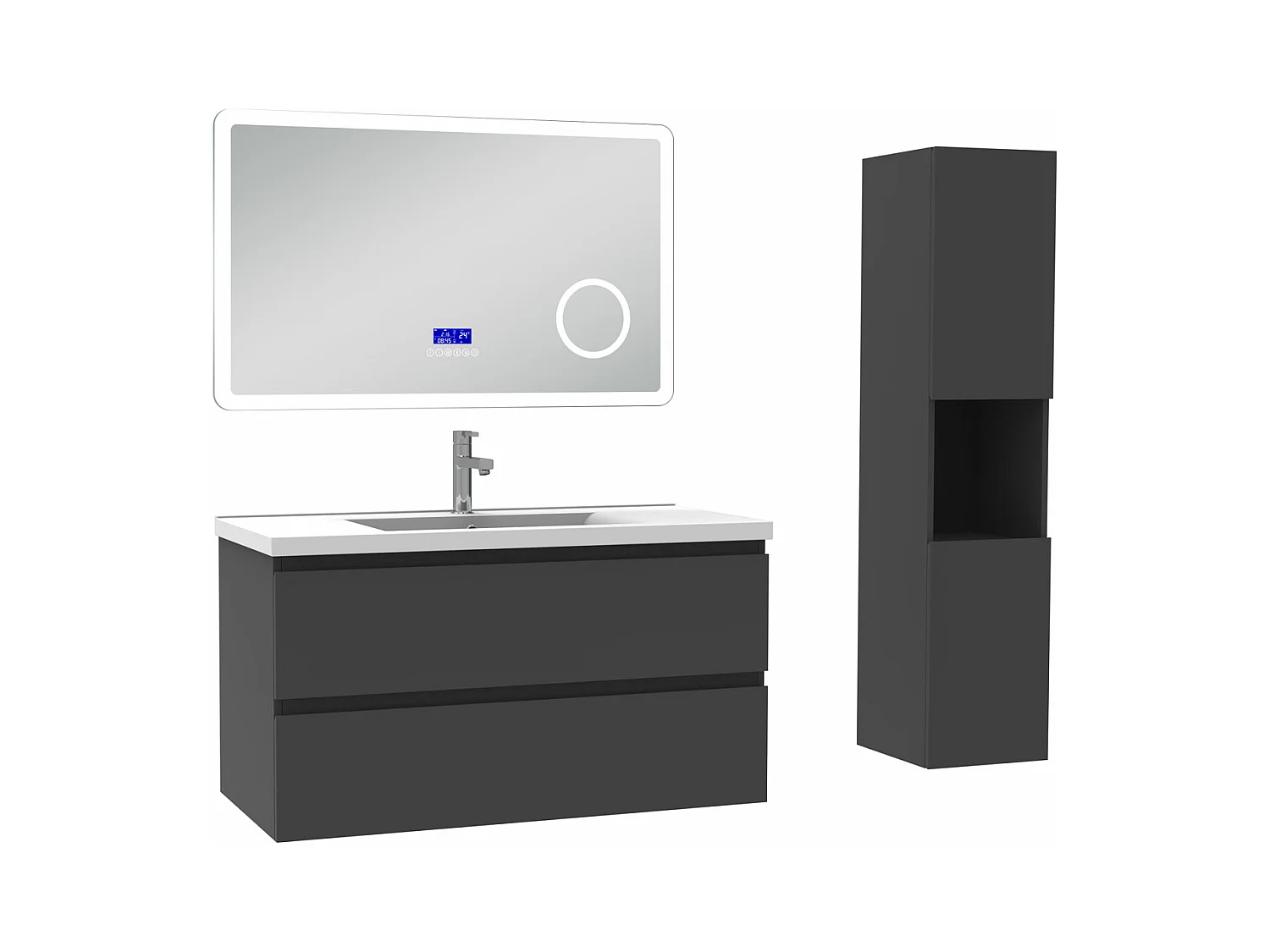 AICA Ensemble meuble Salle de Bain Anthracite 100cm avec colonne, simple vasque et Led miroir dimmable avec 3 couleurs, Bluetooth et 3X grossissement.