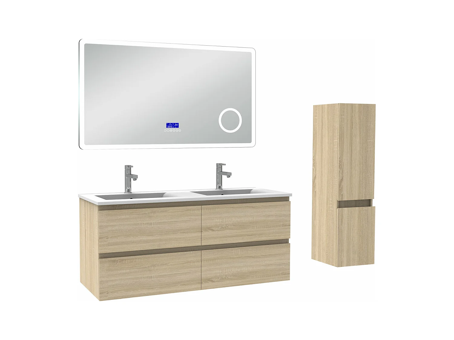 AICA Ensemble meuble Salle de Bain Chêne Wotan 120cm avec colonne, simple vasque et Led miroir dimmable avec 3 couleurs, Bluetooth et 3X grossissement.