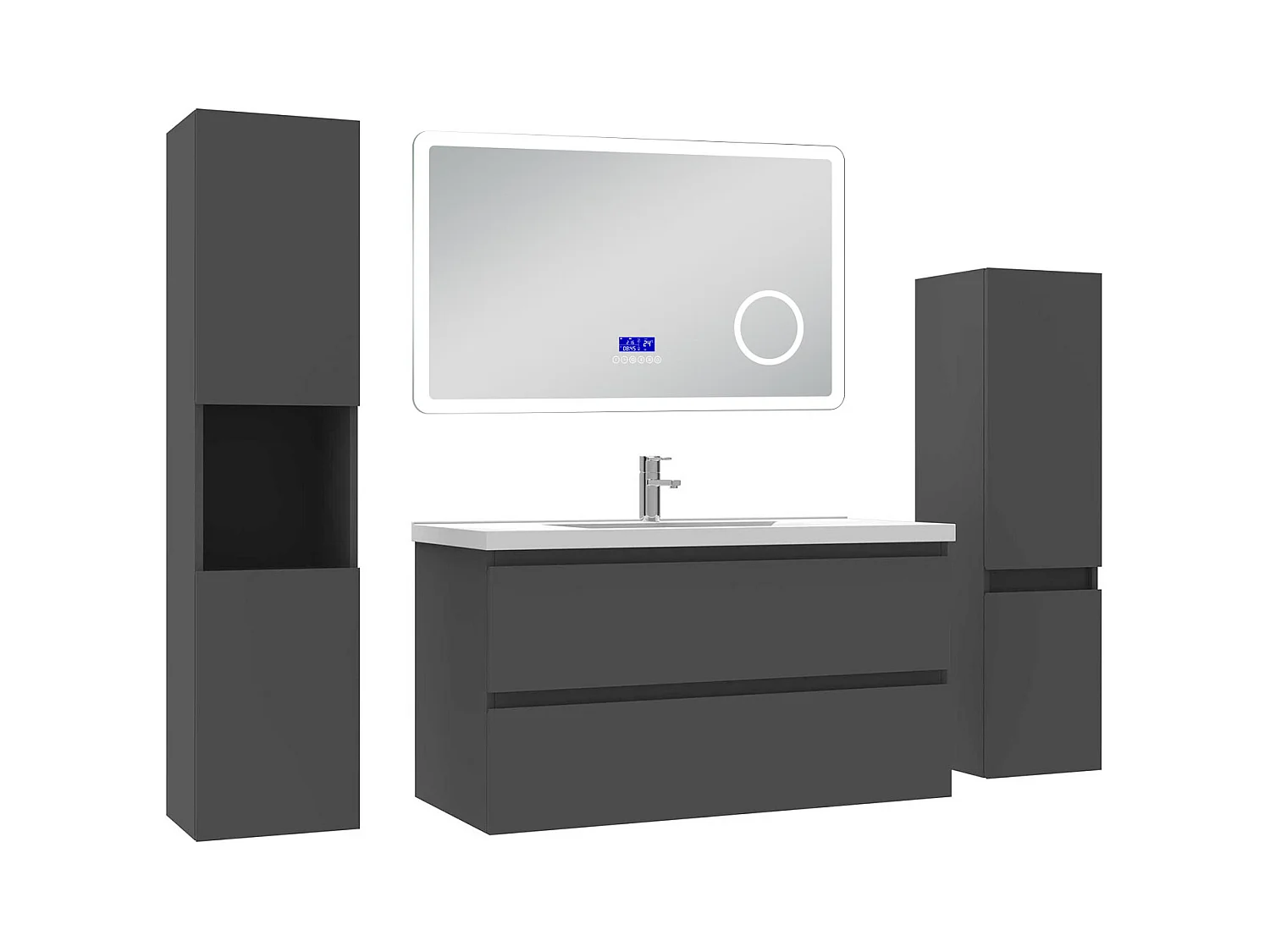 AICA Ensemble meuble Salle de Bain Anthracite 100cm avec 2 colonnes, simple vasque et Led miroir dimmable avec 3 couleurs, Bluetooth et 3X grossissement.