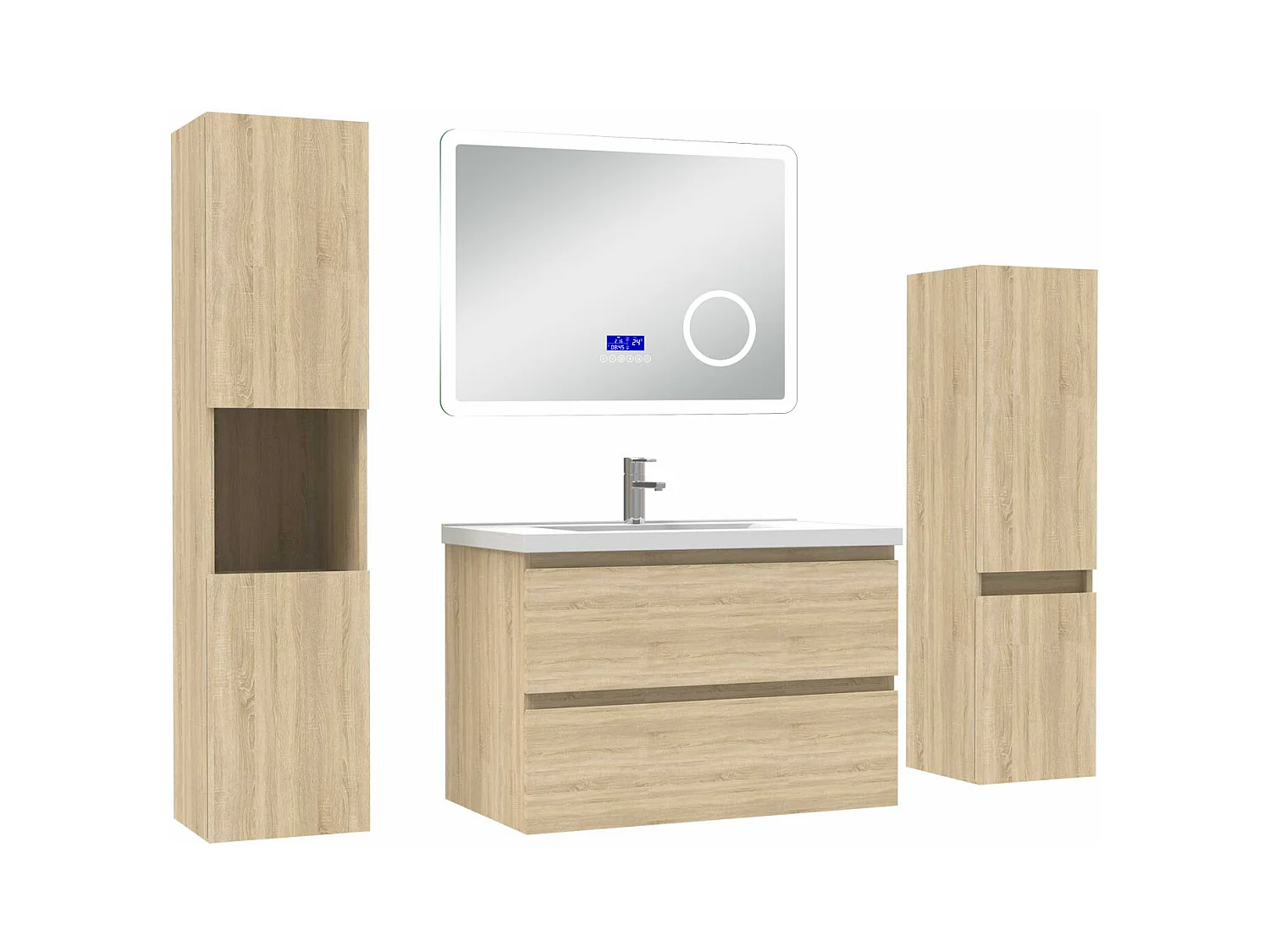 AICA Ensemble meuble Salle de Bain Chêne Wotan 80cm avec 2 colonnes, simple vasque et Led miroir dimmable avec 3 couleurs, Bluetooth et 3X grossissement.