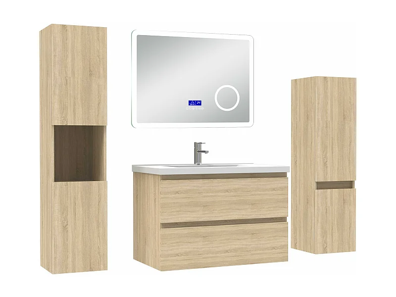 AICA Ensemble meuble Salle de Bain Chêne Wotan 80cm avec 2 colonnes, simple vasque et Led miroir dimmable avec 3 couleurs, Bluetooth et 3X grossissement.
