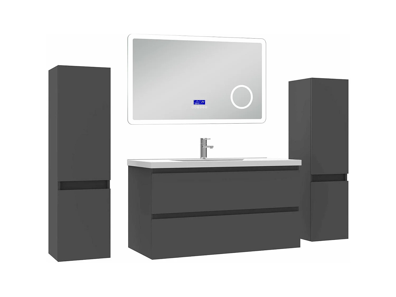AICA Ensemble meuble Salle de Bain Anthracite 100cm avec 2 colonnes, simple vasque et Led miroir dimmable avec 3 couleurs, Bluetooth et 3X grossissement.