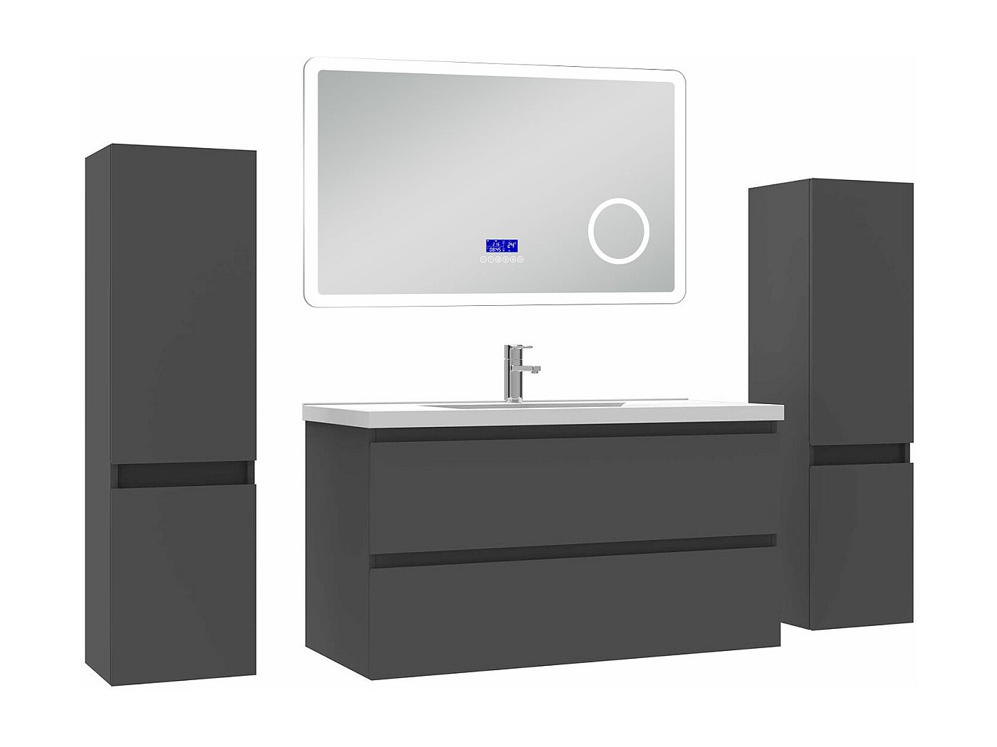Ensemble Salle De Bain 100 Cm Avec Vasque, Colonnes Et Miroir Rond - Couleur Anthracite, En MDF, Rangement Spacieux