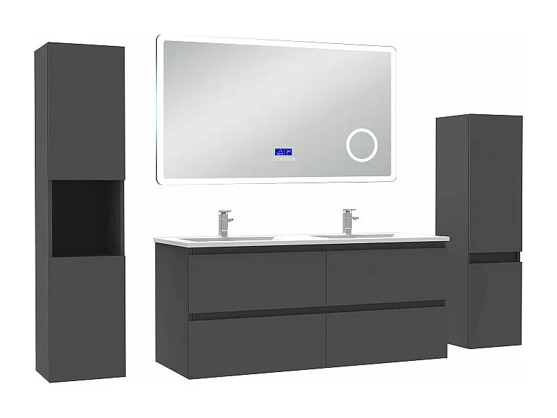 AICA Ensemble meuble Salle de Bain Anthracite 120cm avec 2 colonnes, simple vasque et Led miroir dimmable avec 3 couleurs, Bluetooth et 3X grossissement.