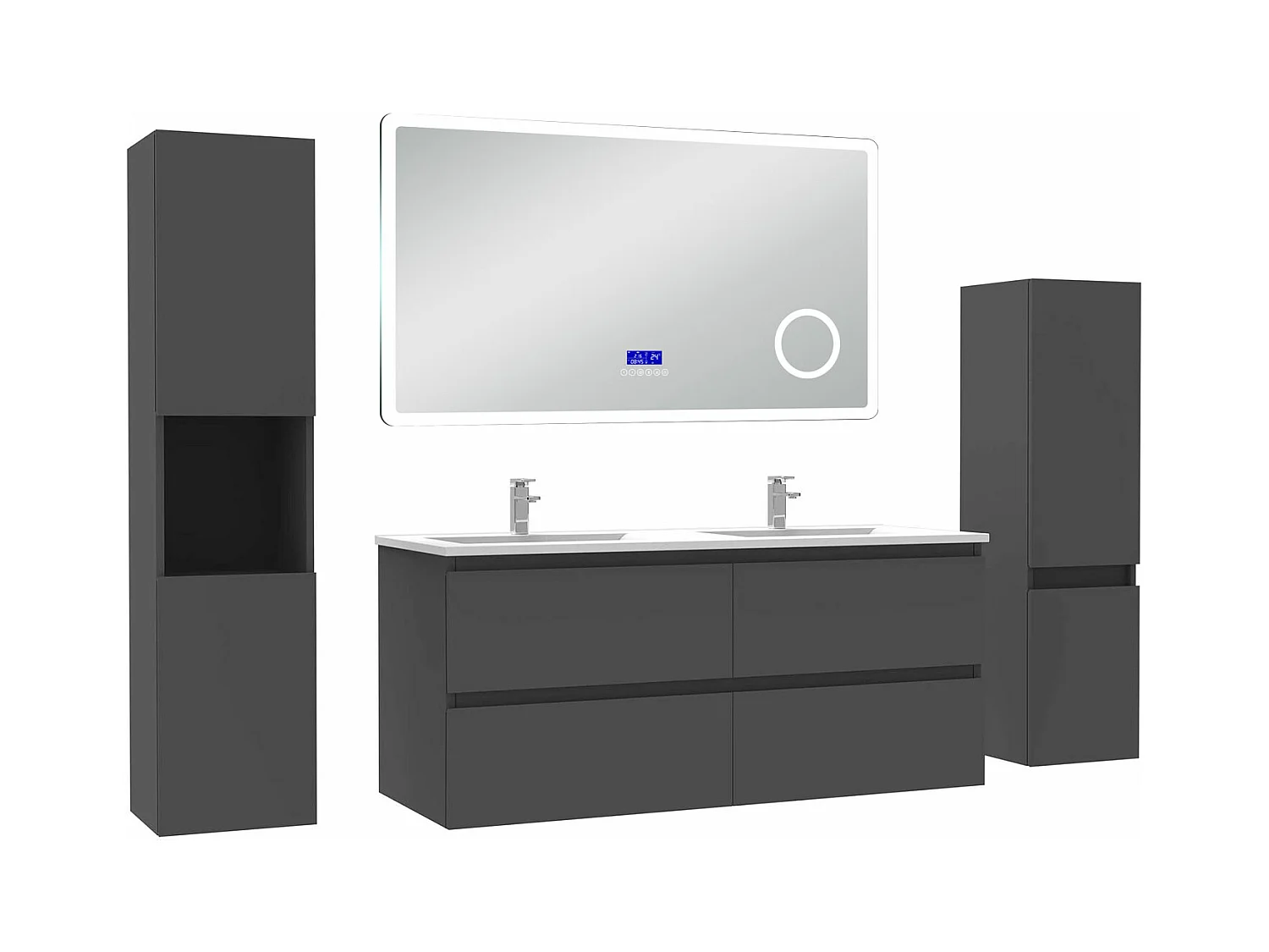 AICA Ensemble meuble Salle de Bain Anthracite 120cm avec 2 colonnes, simple vasque et Led miroir dimmable avec 3 couleurs, Bluetooth et 3X grossissement.