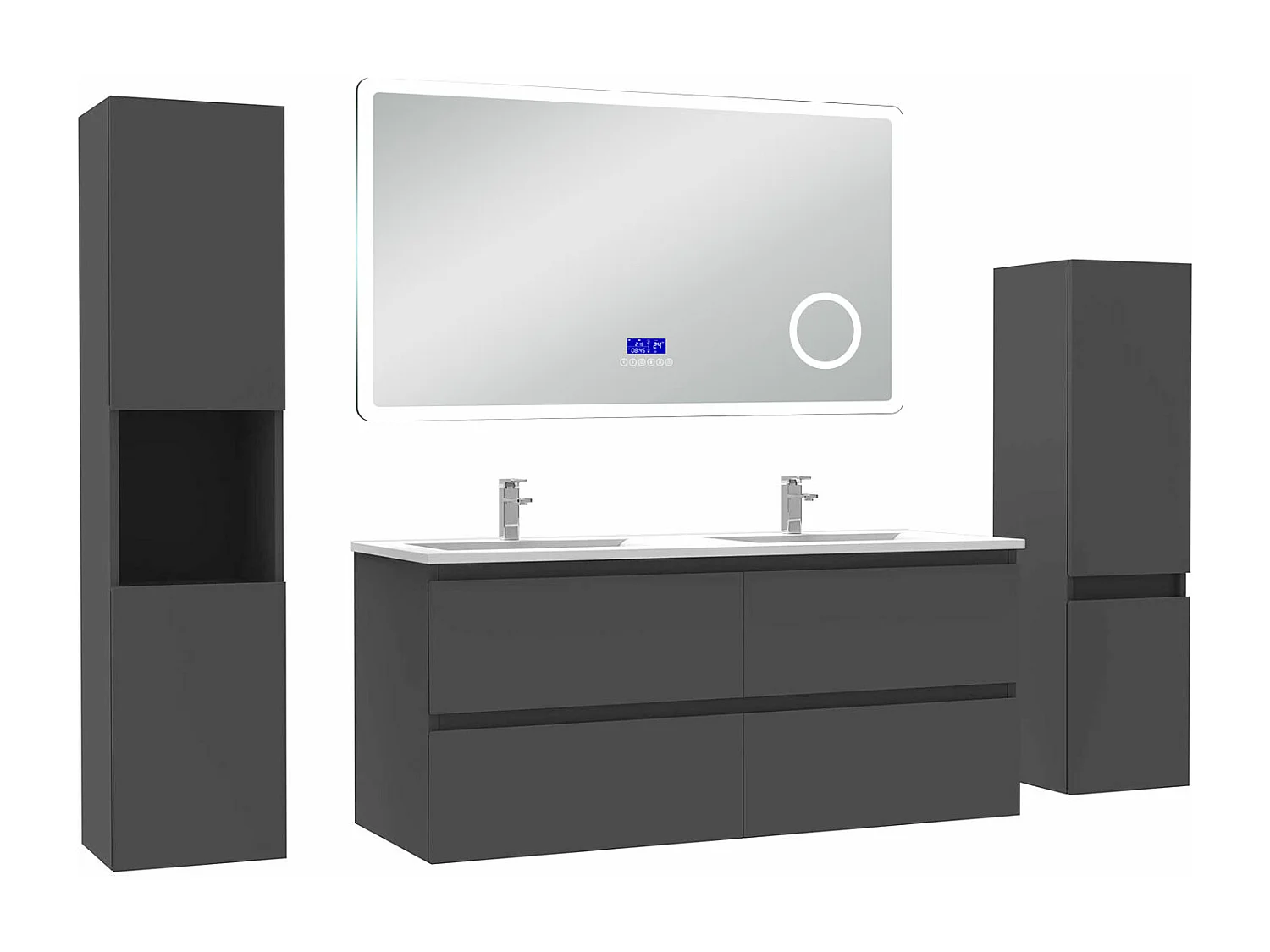 AICA Ensemble meuble Salle de Bain Anthracite 120cm avec 2 colonnes, simple vasque et Led miroir dimmable avec 3 couleurs, Bluetooth et 3X grossissement.