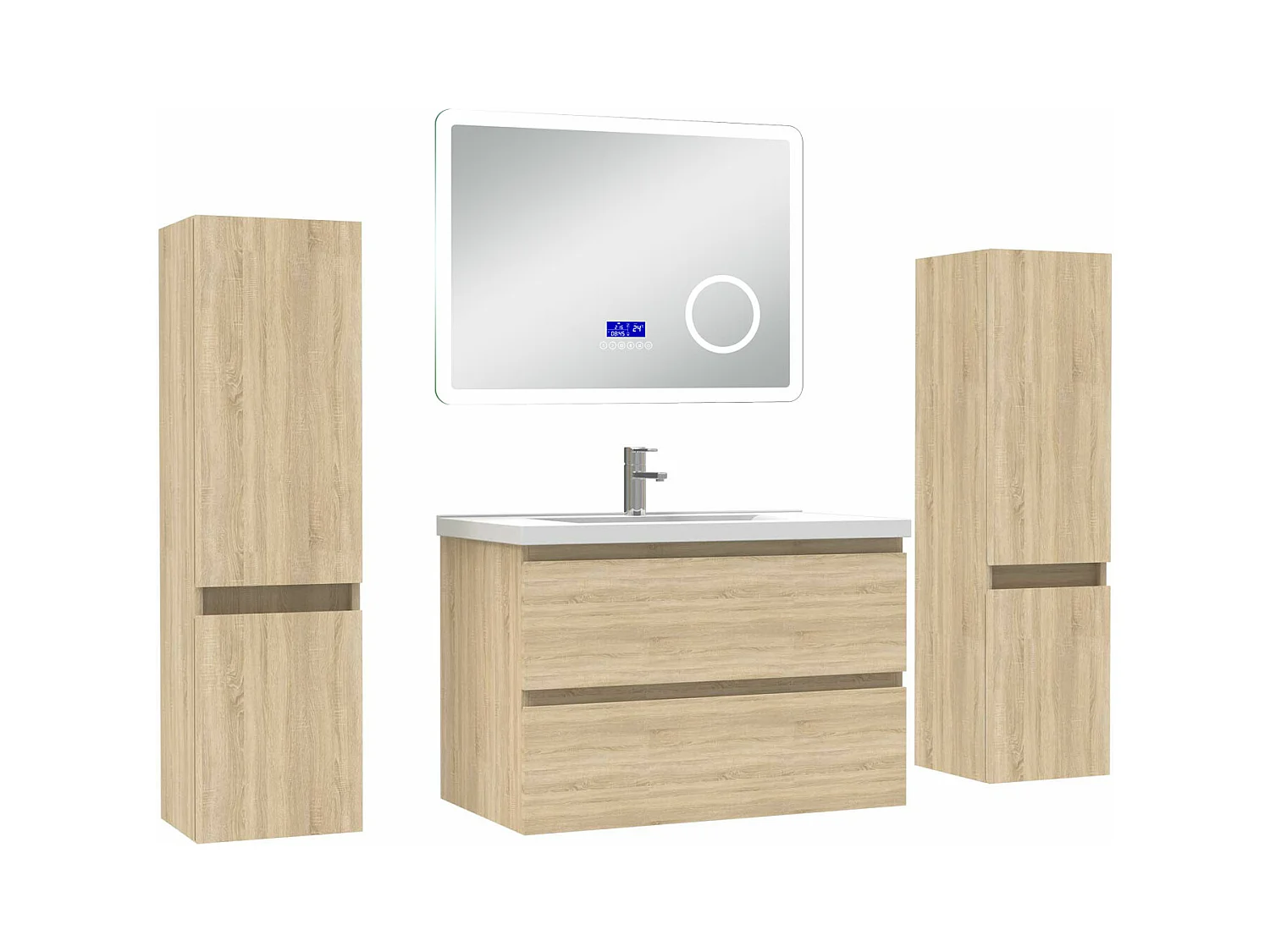AICA Ensemble meuble Salle de Bain Chêne Wotan 80cm avec 2 colonnes, simple vasque et Led miroir dimmable avec 3 couleurs, Bluetooth et 3X grossissement.