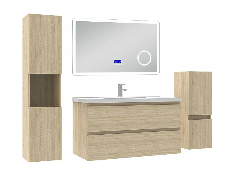 AICA Ensemble meuble Salle de Bain Chêne Wotan 100cm avec 2 colonnes, simple vasque et Led miroir dimmable avec 3 couleurs, Bluetooth et 3X grossissement.