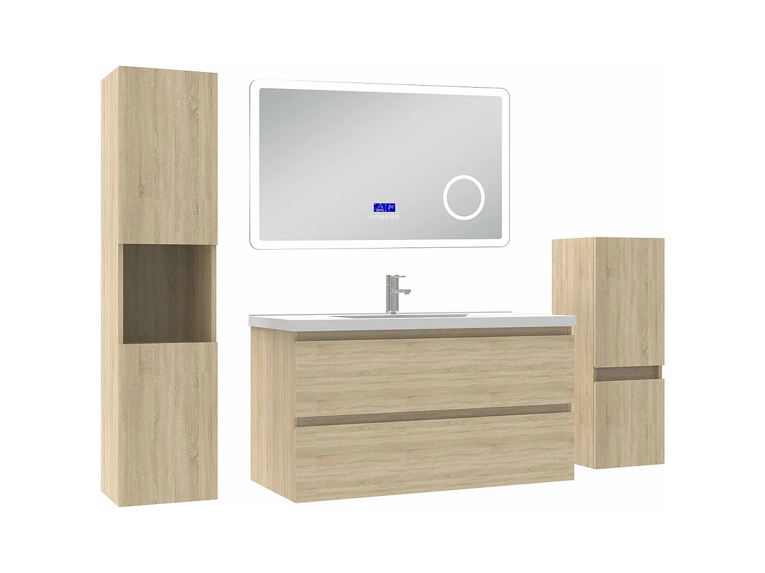 AICA Ensemble meuble Salle de Bain Chêne Wotan 100cm avec 2 colonnes, simple vasque et Led miroir dimmable avec 3 couleurs, Bluetooth et 3X grossissement.