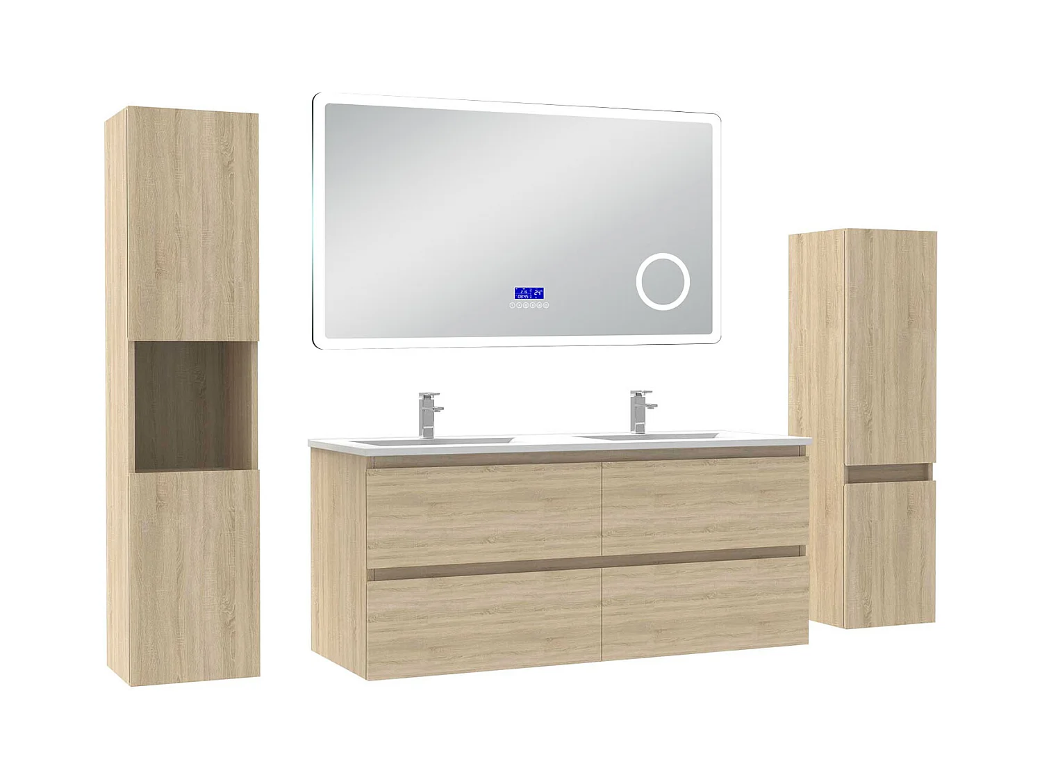 AICA Ensemble meuble Salle de Bain Chêne Wotan 120cm avec 2 colonnes, simple vasque et Led miroir dimmable avec 3 couleurs, Bluetooth et 3X grossissement.