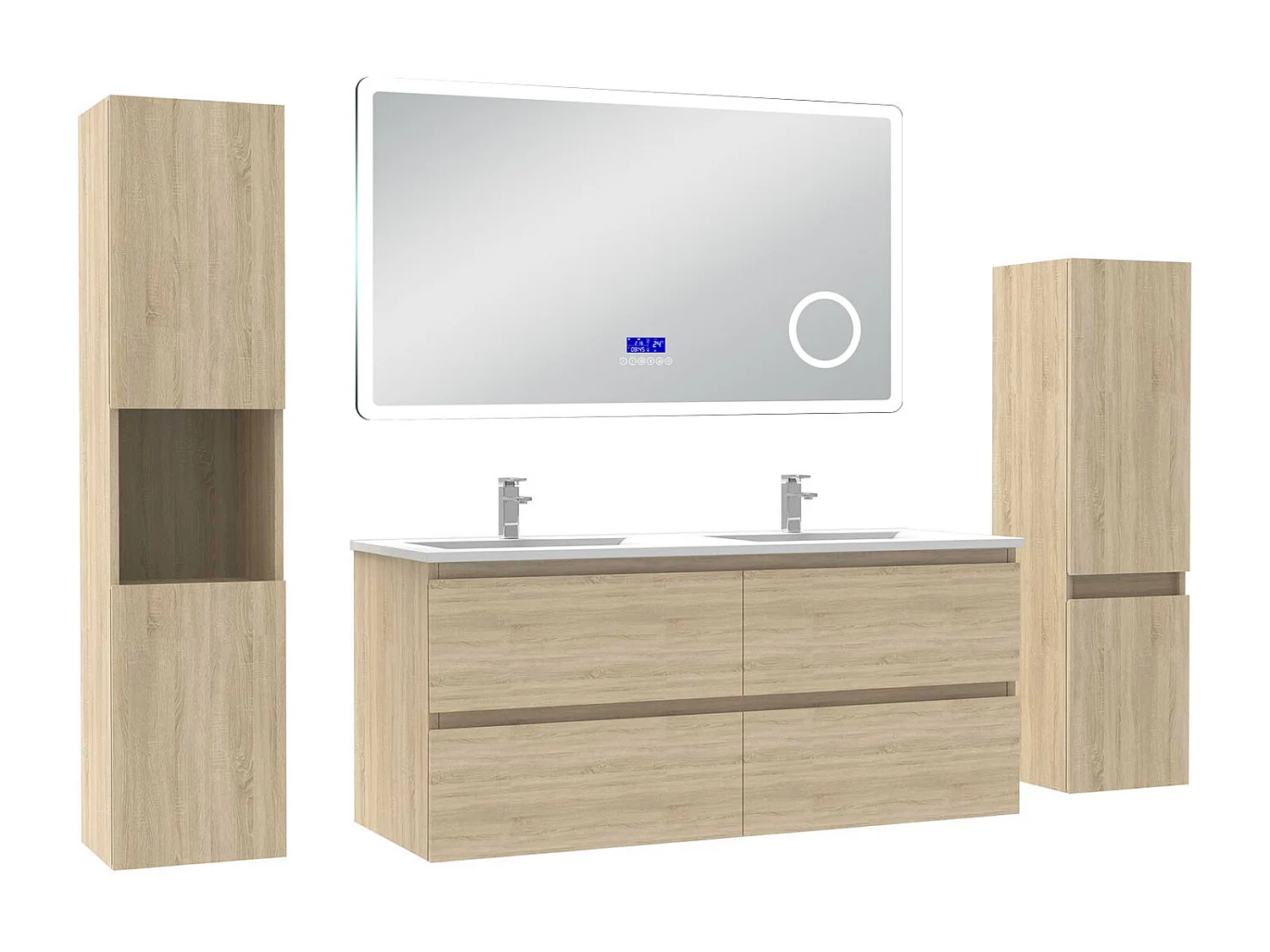 AICA Ensemble meuble Salle de Bain Chêne Wotan 120cm avec 2 colonnes, simple vasque et Led miroir dimmable avec 3 couleurs, Bluetooth et 3X grossissement.