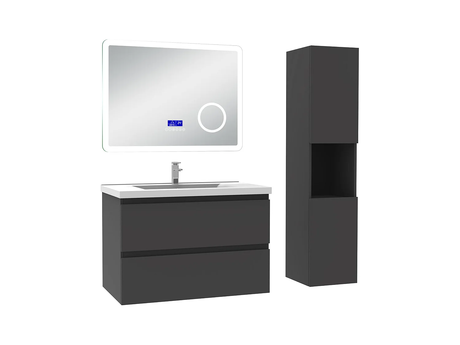 AICA Ensemble meuble Salle de Bain Anthracite 80cm avec colonne, simple vasque et Led miroir dimmable avec 3 couleurs, Bluetooth et 3X grossissement.