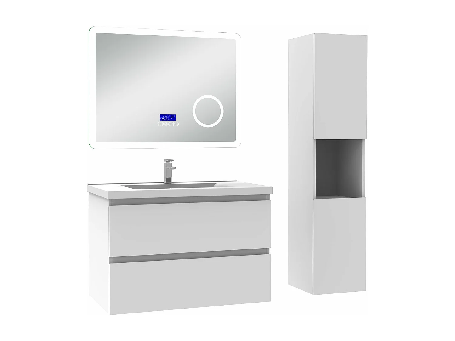 AICA Ensemble meuble Salle de Bain 80cm blanc avec colonne , simple vasque et Led miroir dimmable avec 3 couleurs, Bluetooth et 3X grossissement.