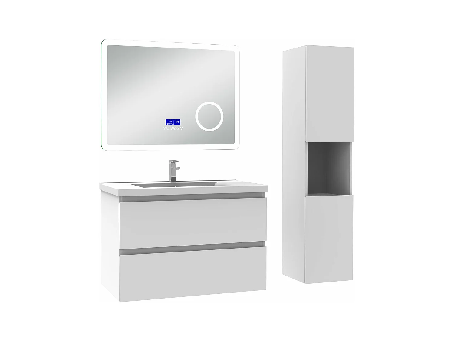 AICA Ensemble meuble Salle de Bain 80cm blanc avec colonne , simple vasque et Led miroir dimmable avec 3 couleurs, Bluetooth et 3X grossissement.
