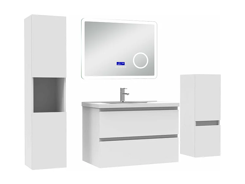 AICA Ensemble meuble Salle de Bain 80cm blanc avec 2 colonnes, simple vasque et Led miroir dimmable avec 3 couleurs, Bluetooth et 3X grossissement.