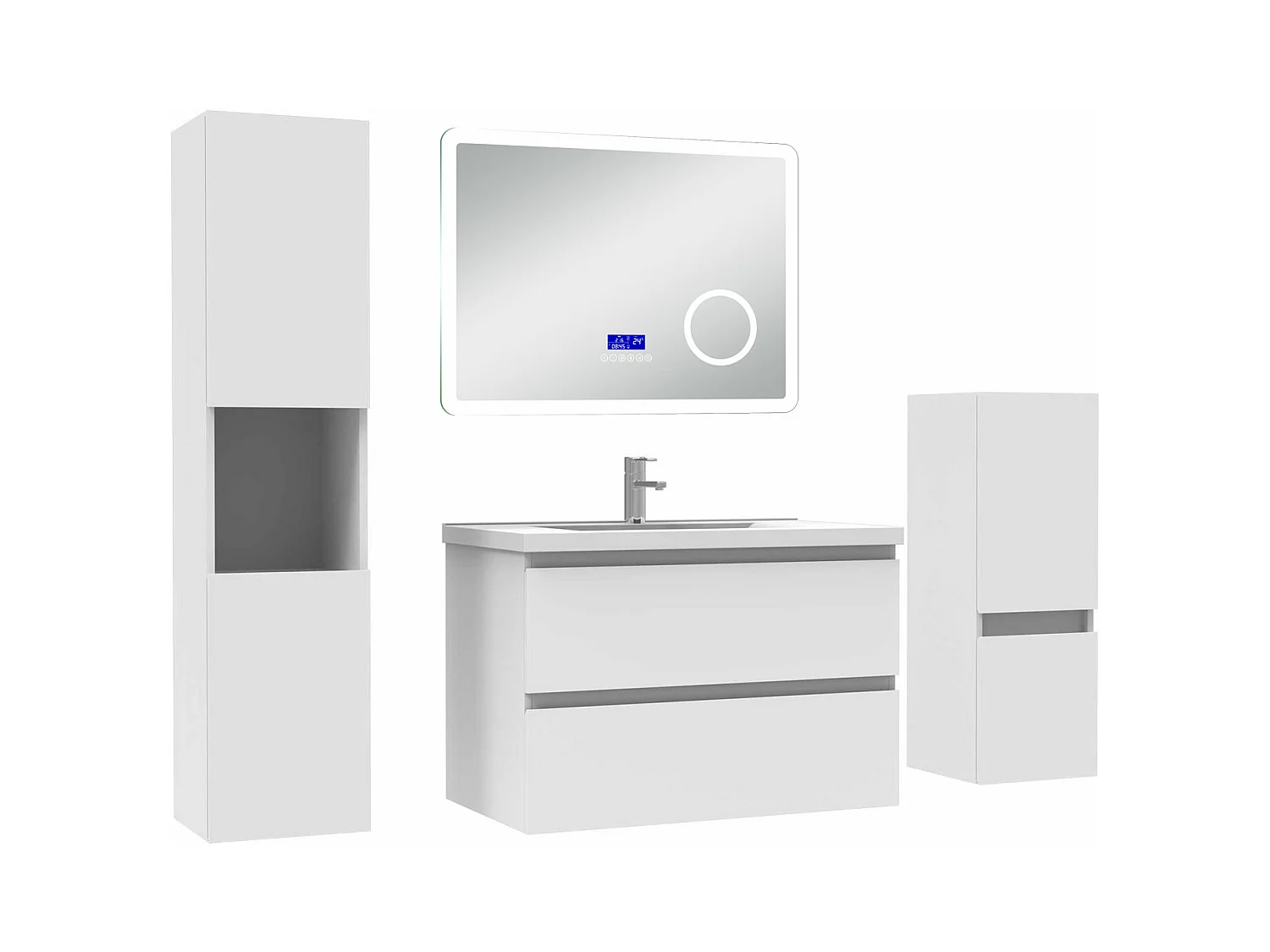 AICA Ensemble meuble Salle de Bain 80cm blanc avec 2 colonnes, simple vasque et Led miroir dimmable avec 3 couleurs, Bluetooth et 3X grossissement.